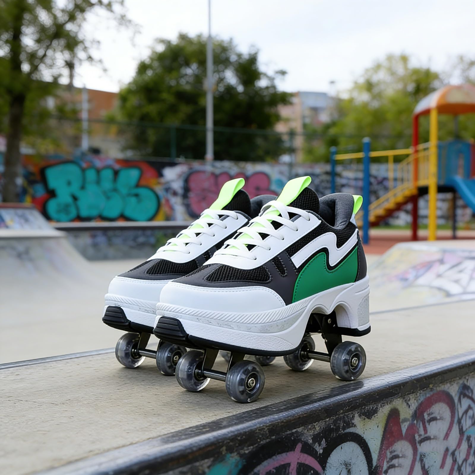 Patines de Doble Fila | Patines 2 en 1 - Zapatos Automáticos de Deformación Invisible | con Polea Extraíble para Patinaje y Parkour | Cuatro Ruedas Convertibles