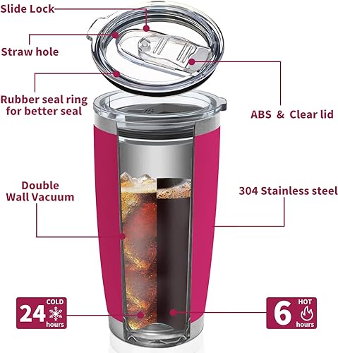 Miniatura 6 de IMPR3TREE Vasos de 20 onzas, acero inoxidable 188 de doble pared, taza de viaje, taza de café aislada al vacío con tapa y popote, morado