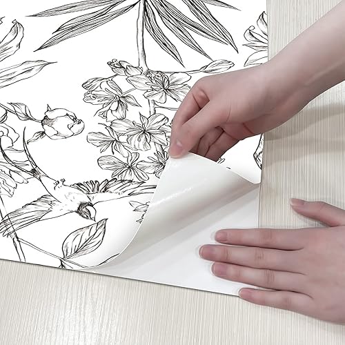 Miniatura 6 de JiffDiff Papel tapiz floral en blanco y negro diseño de peonías removibles despegar y pegar papel tapiz floral con bocetos autoadhesivo prepegado