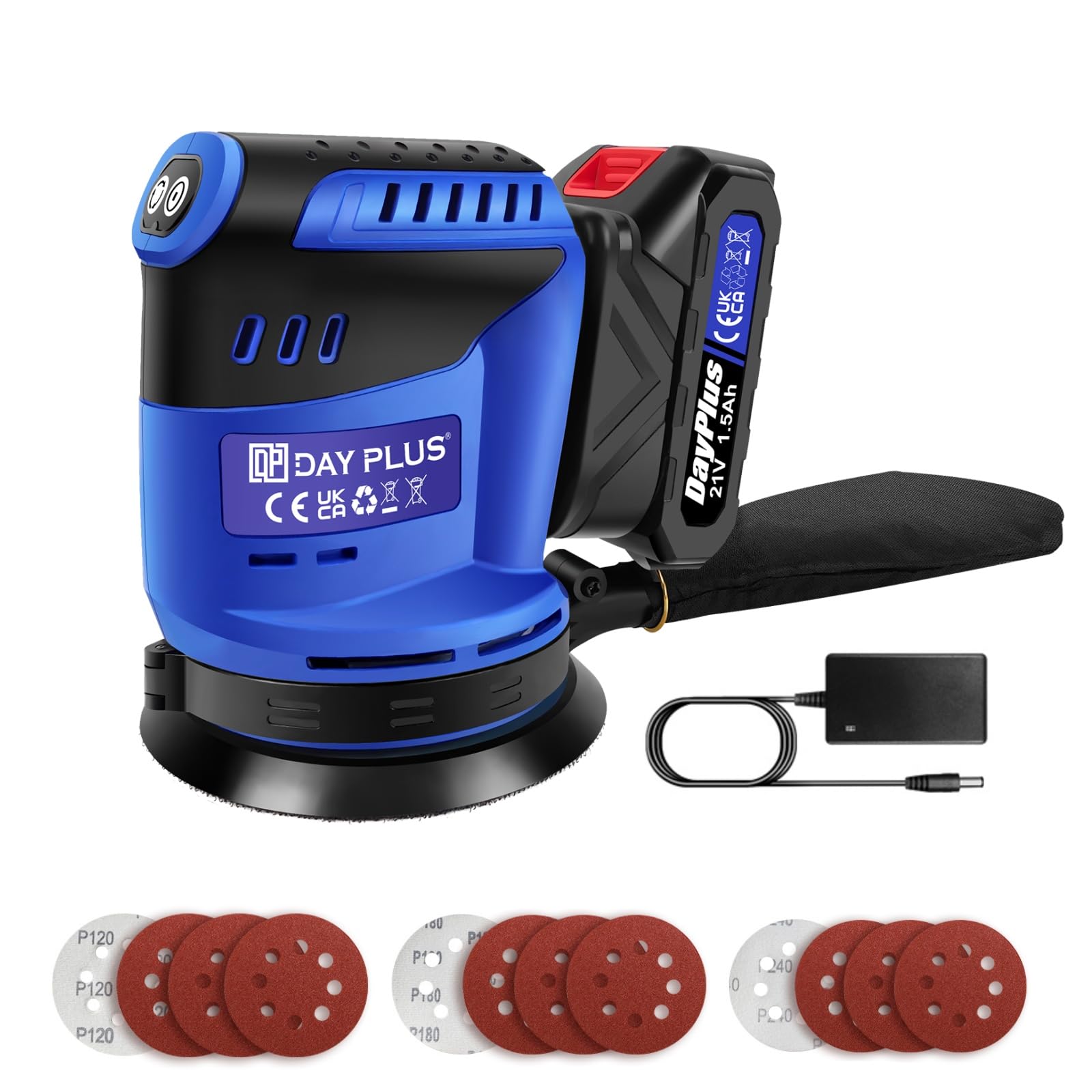 Levigatrice Elettrica Orbitale 5 Pollici (125mm) a Batteria - 3 Velocità (7000-11000 OPM), Raccolta Polvere,1 batteria,1 caricatore,12 Carte Abrasive - Per Falegnameria,Auto e Fai da Te
