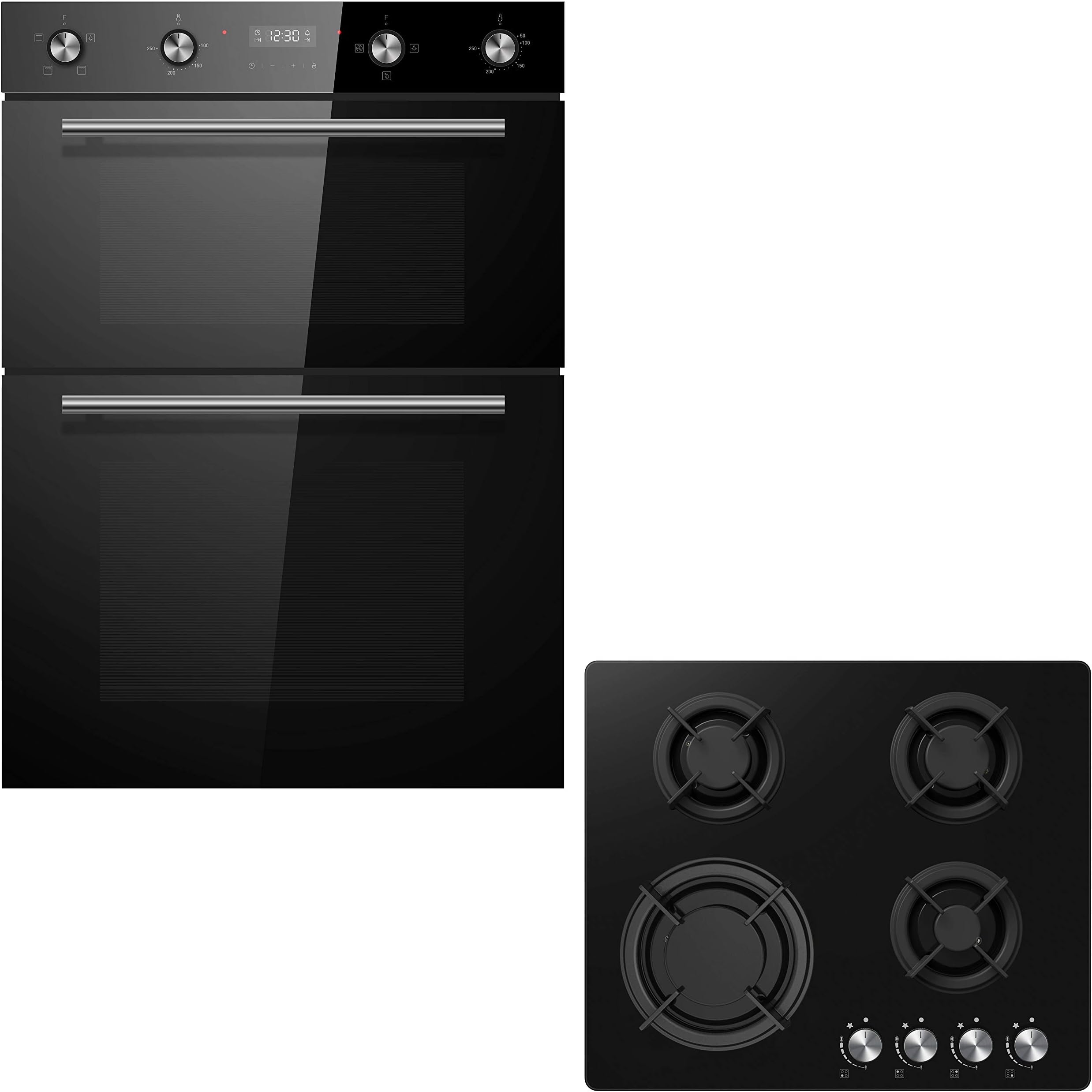 Cookology Black Built-in Double Oven & 60cm Gas-on-Glass Hob Pack