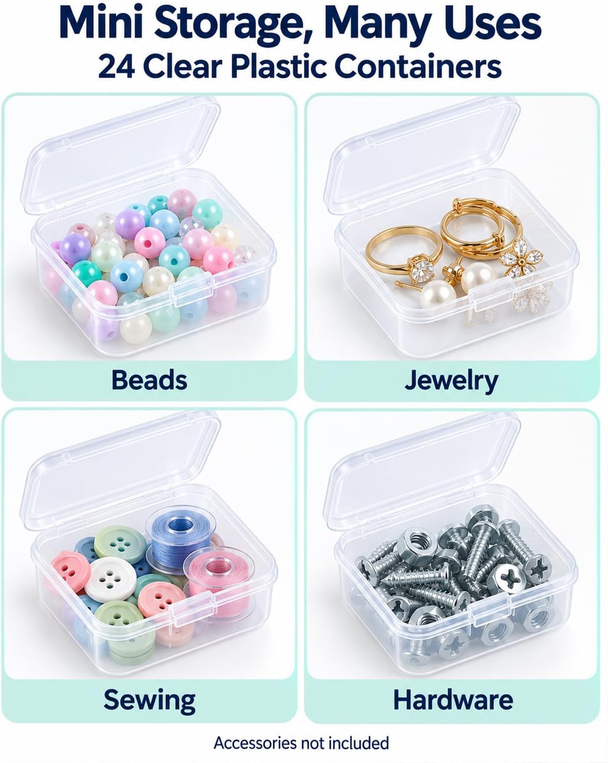 Small Plastic Case, 24 Pack Clear Plastic Beads Storage Containers Clear Craft Storage Boxes Mini Storage Containers For Small Items, Crafts, Jewelry, Hardware (2.2 x 2.2 x 1.2 inches)