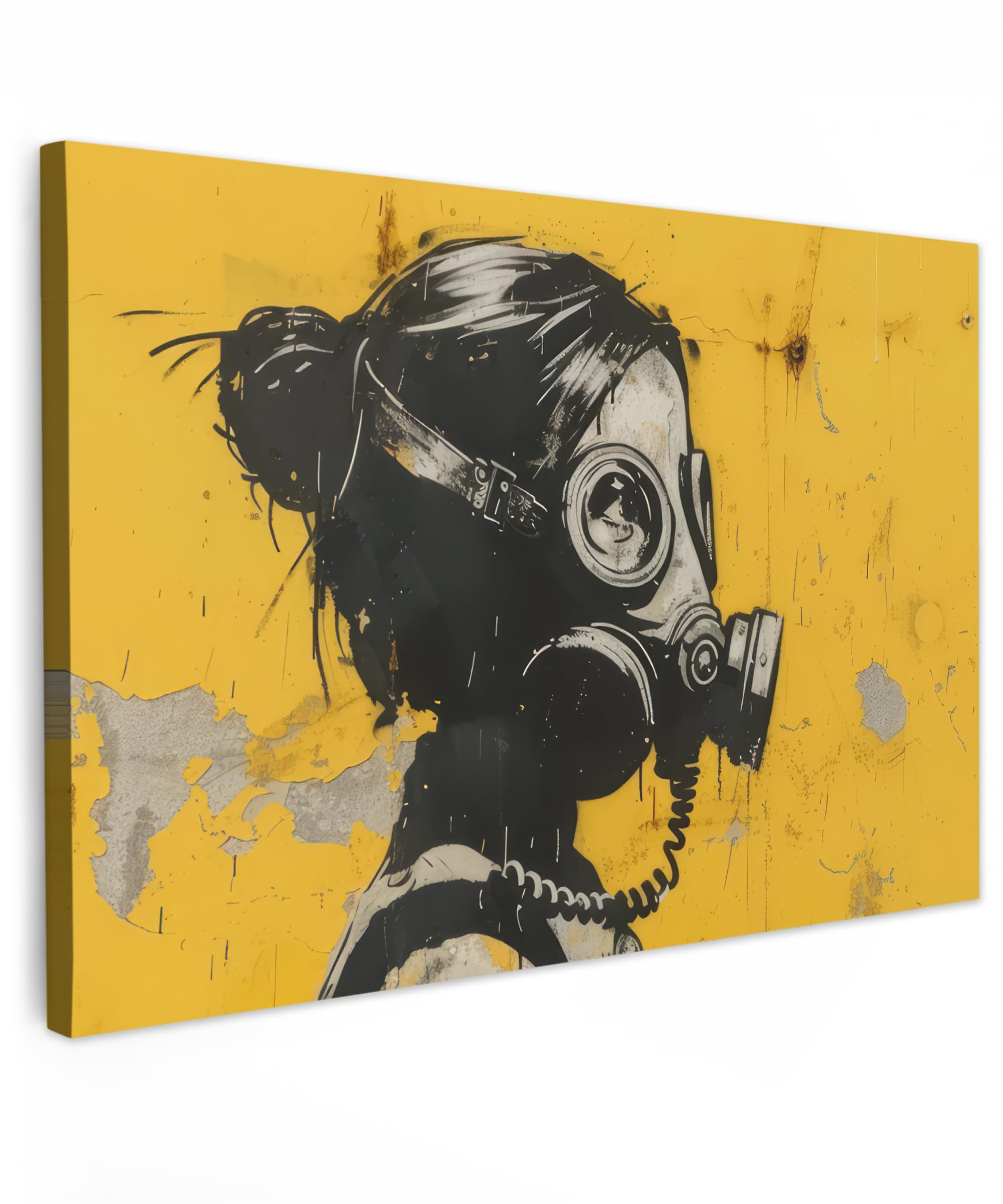 MuchoWow© Canvas Wall Art 35"x24" / 90x60 cm Decor Paintings Print framed on Canvas Pictures for Hallway Vintage - Street art - Girl - Mask - Yellow - Banksy
