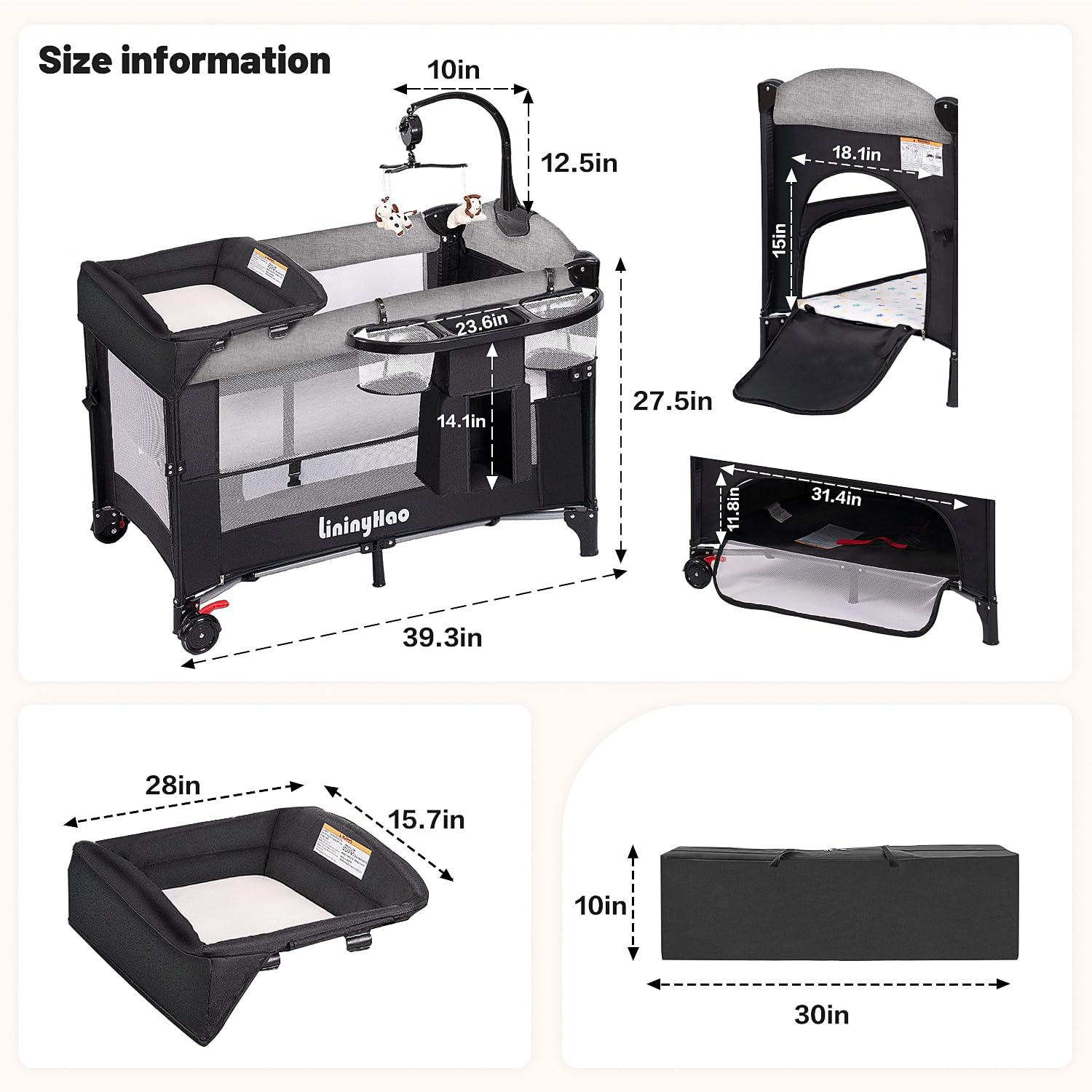 4 in 1 Height Adjustable Baby Playard, Foldable Nursery Center with Music Box Toy Rack, Side Storage, Changing Table, Large Portable Playpen for Newborns and Toddlers（Gray）
