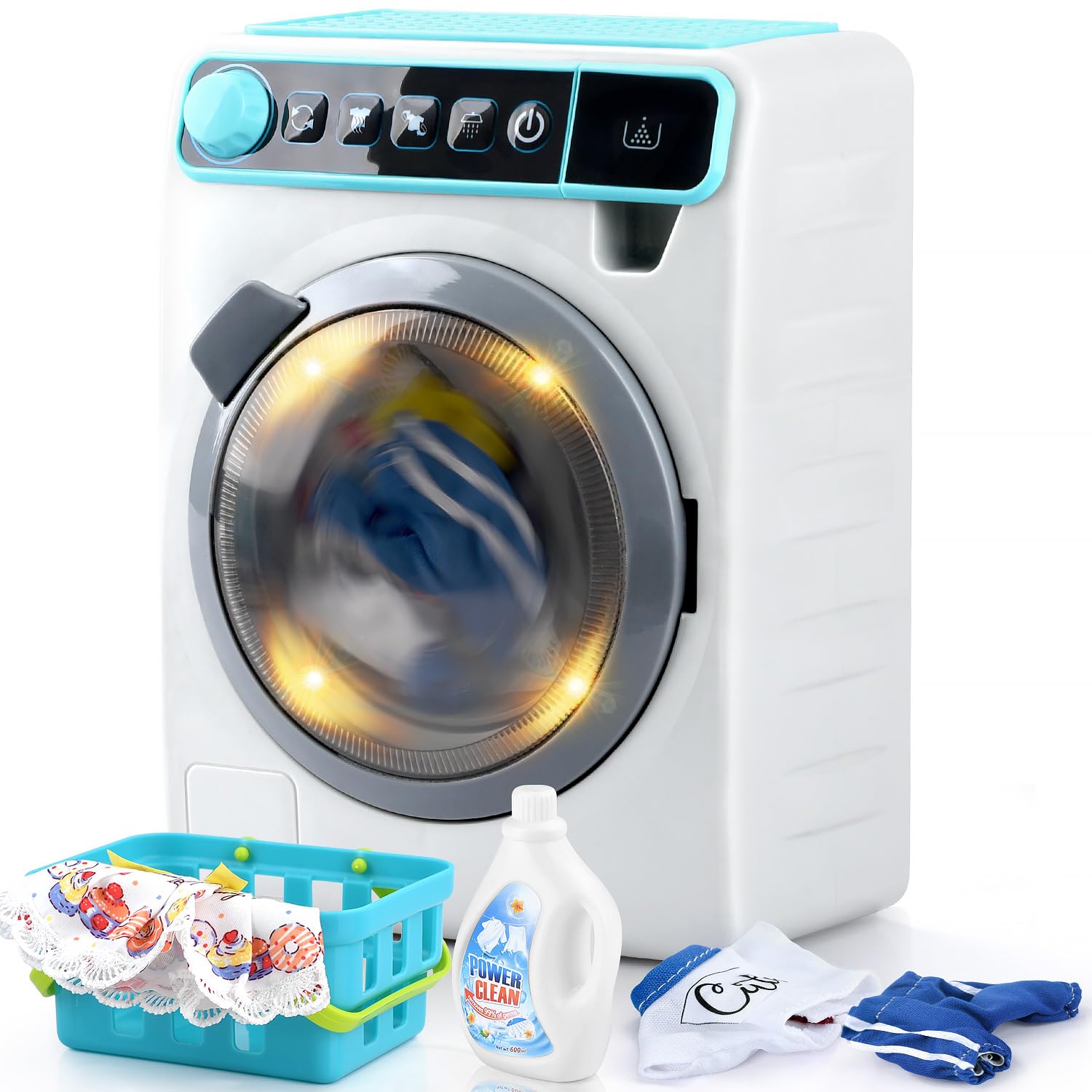 Play Machine A Laver Enfant, Électroniques Machine À Laver Jouet avec Sons Réalistes, Vêtements, paniers à Linge et Accessoires de Nettoyage, Jouet Menage Enfant pour Enfant 3-12 Ans