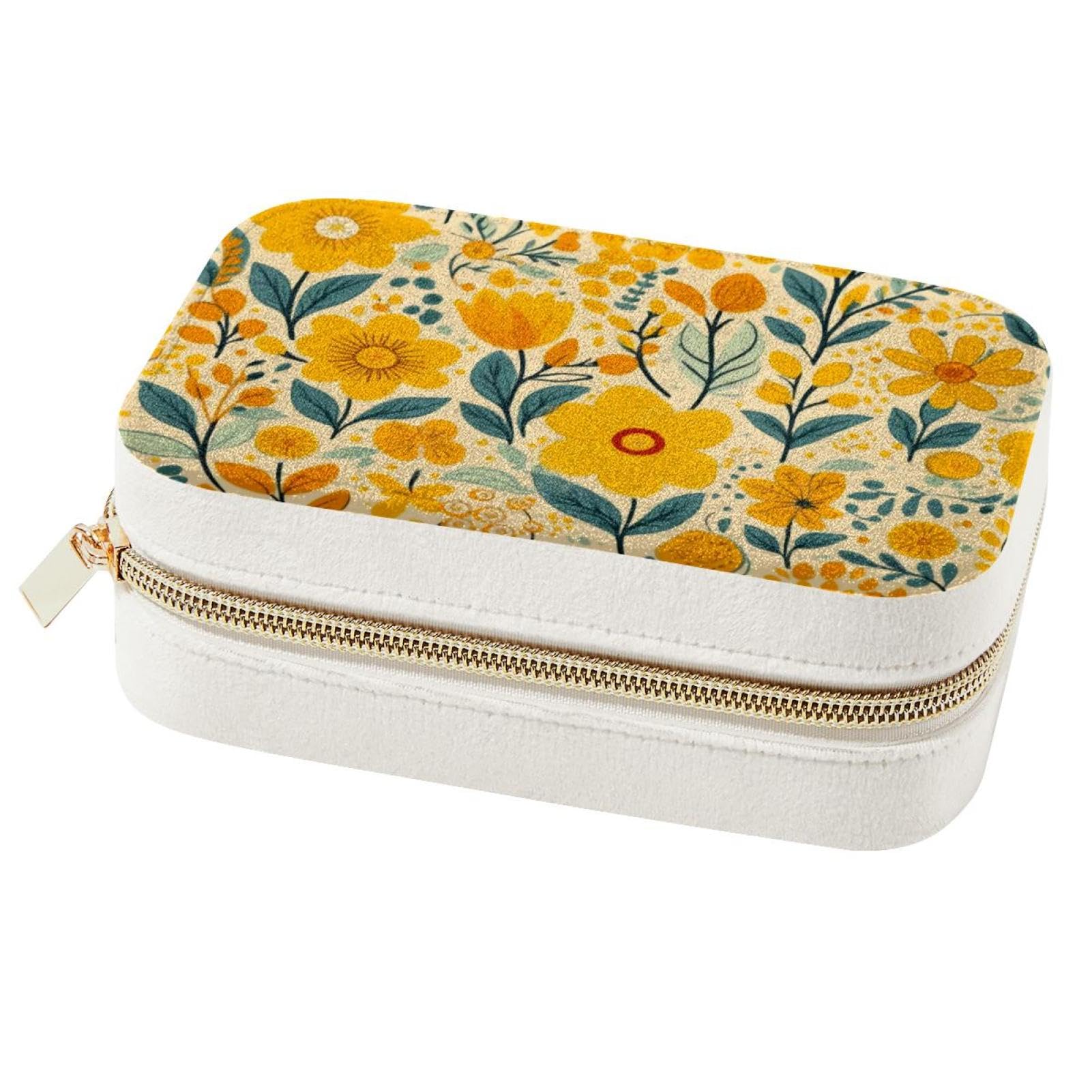 Boîte à bijoux en velours spacieuse avec motif floral jaune pour l'organisation quotidienne