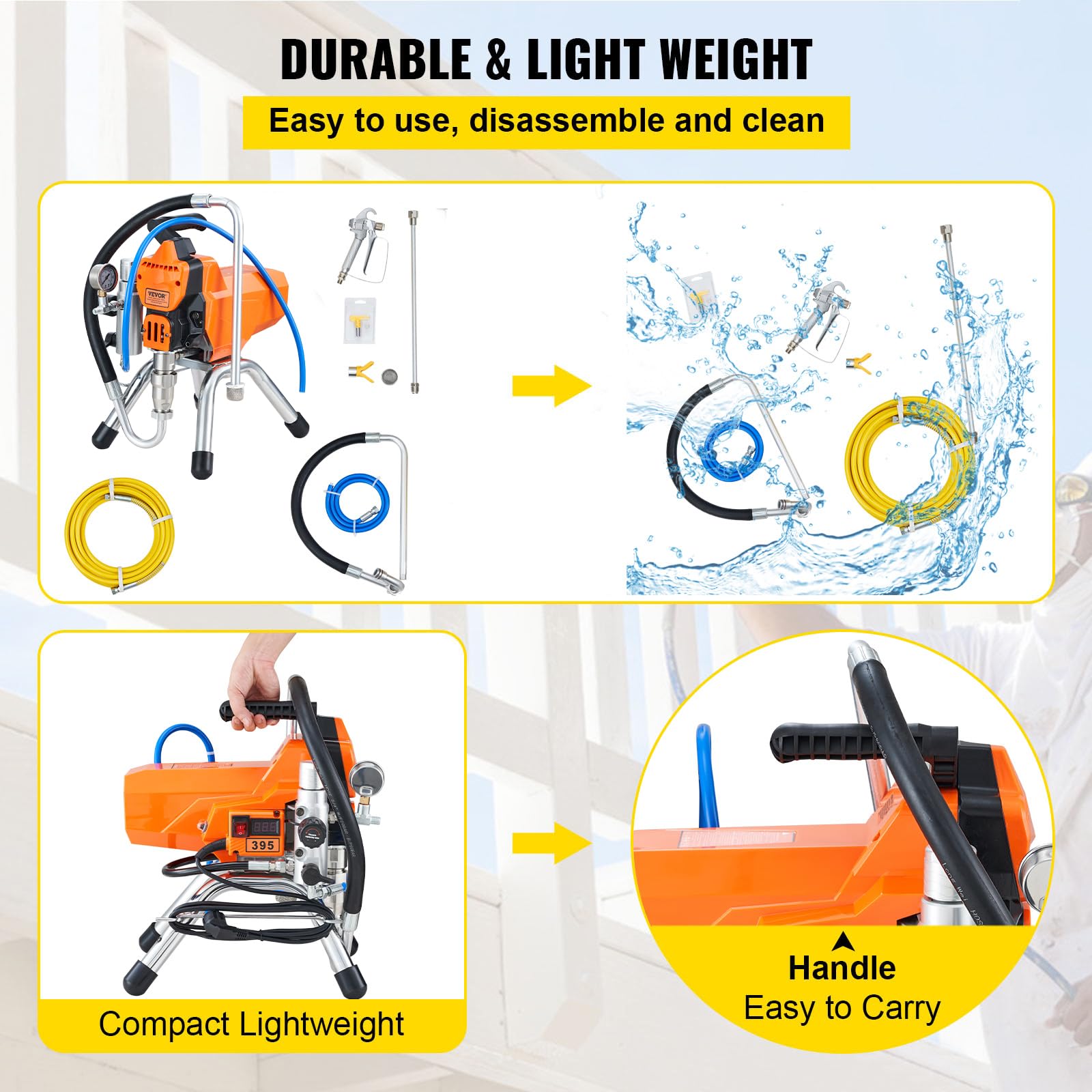 VEVOR Système de Peinture par Pulvérisation 2000 W, Pulvérisateur sans Air avec Tuyau Haute Pression, Pistolet de Peinture Mural 3000 PSI, pour Peinture à Base d'eau d'Huile Intérieure Extérieure
