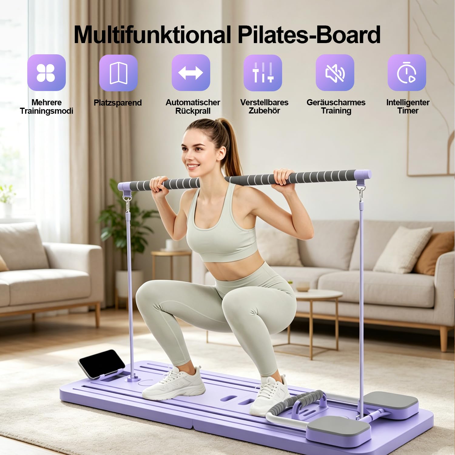 Pilates Reformer Board, Multifunzione 8 in 1 Pilates Reformer Pieghevole, Tavola da Pilates per Casa, Allenamento Completo, Rimbalzo Automatico, Barra da Pilates, Corda Elastica, Timer