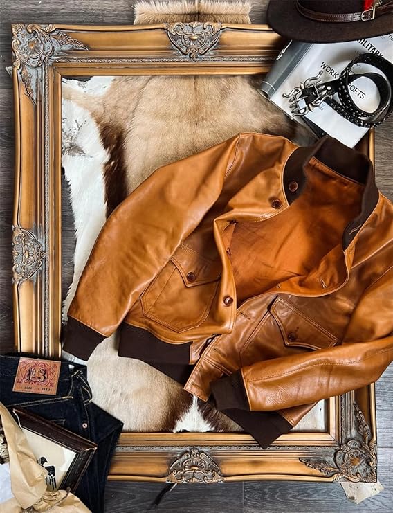 A1 Flight Leather Jacket Cowhide Leather Motor Racer Jacket Button 