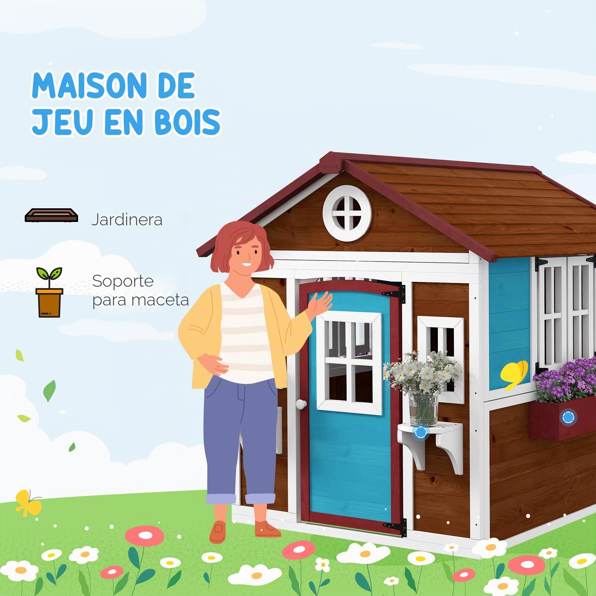 Outsunny Cabaña Infantil de Exterior, casita Infantil de Exterior, con Puerta, Ventanas y jardineras, cabaña de jardín para niños de 3 a 8 años, 114 x 126,4 x 135 cm, marrón