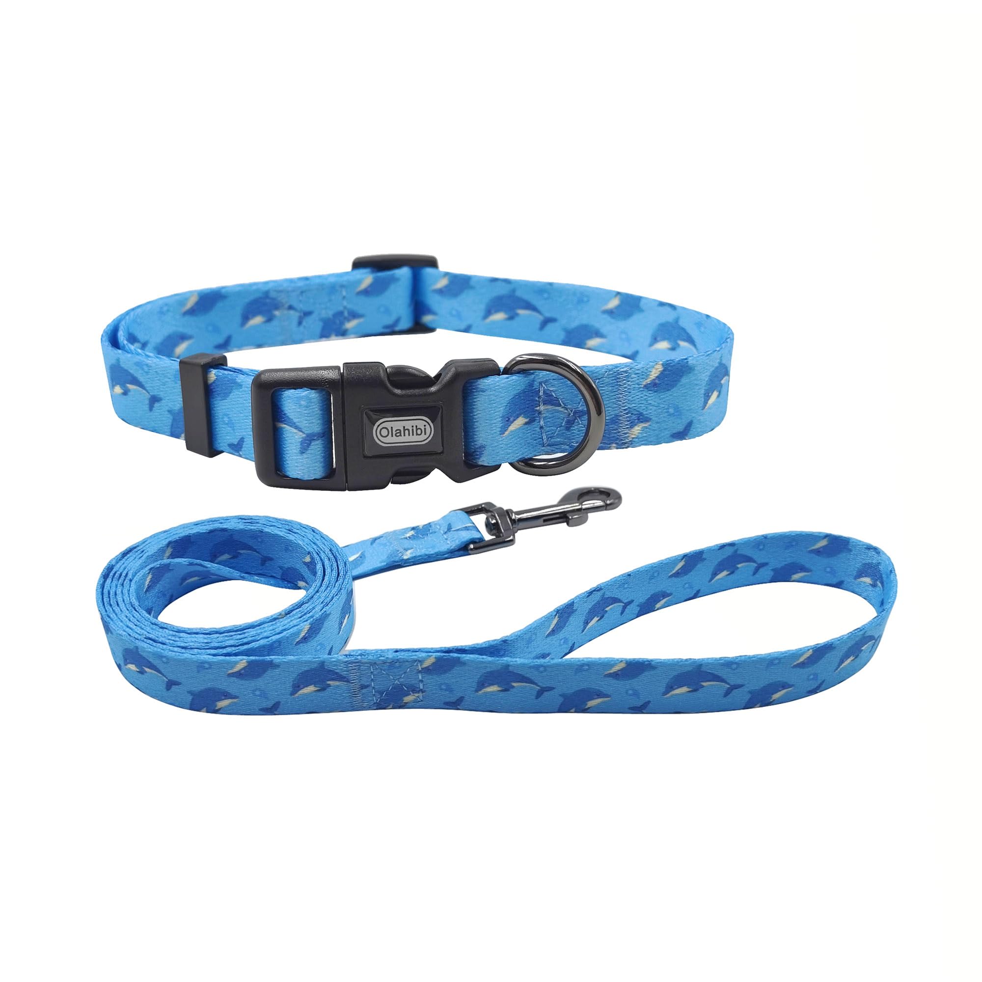 Dog Collar & Leash Set, Polyester with Dolphin on Light Blue, S Size. — image 1