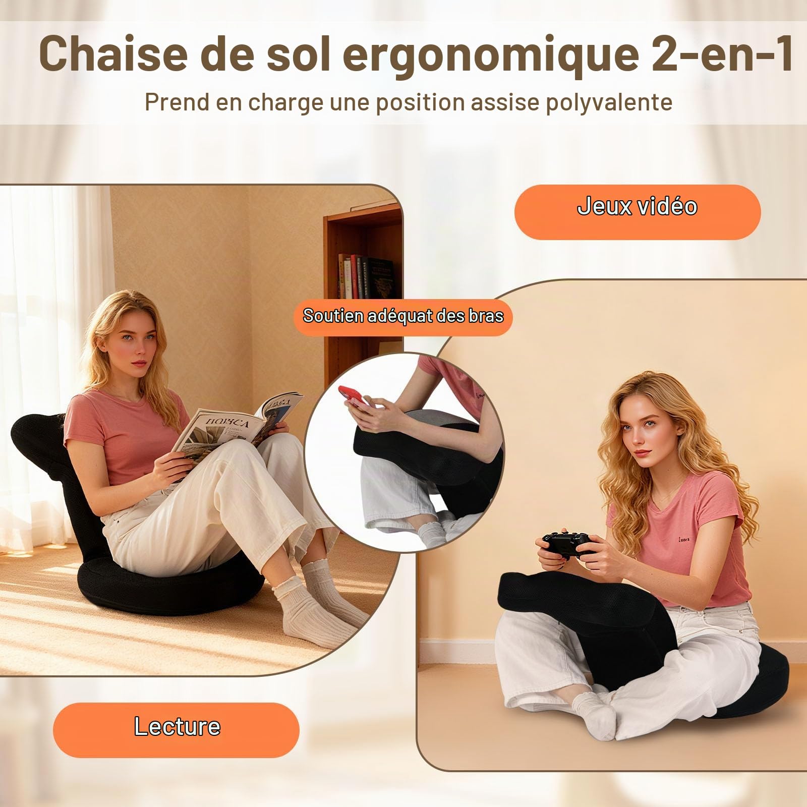 RELAX4LIFE Chaise de Sol avec Dossier Réglable en 5 Niveaux, 14 Positions d'Appuie-tête, Housse en Maille Respirant, Fauteuil de Jeu au Sol Reclinable pour Lecture Méditation Charge 140KG (Gris)