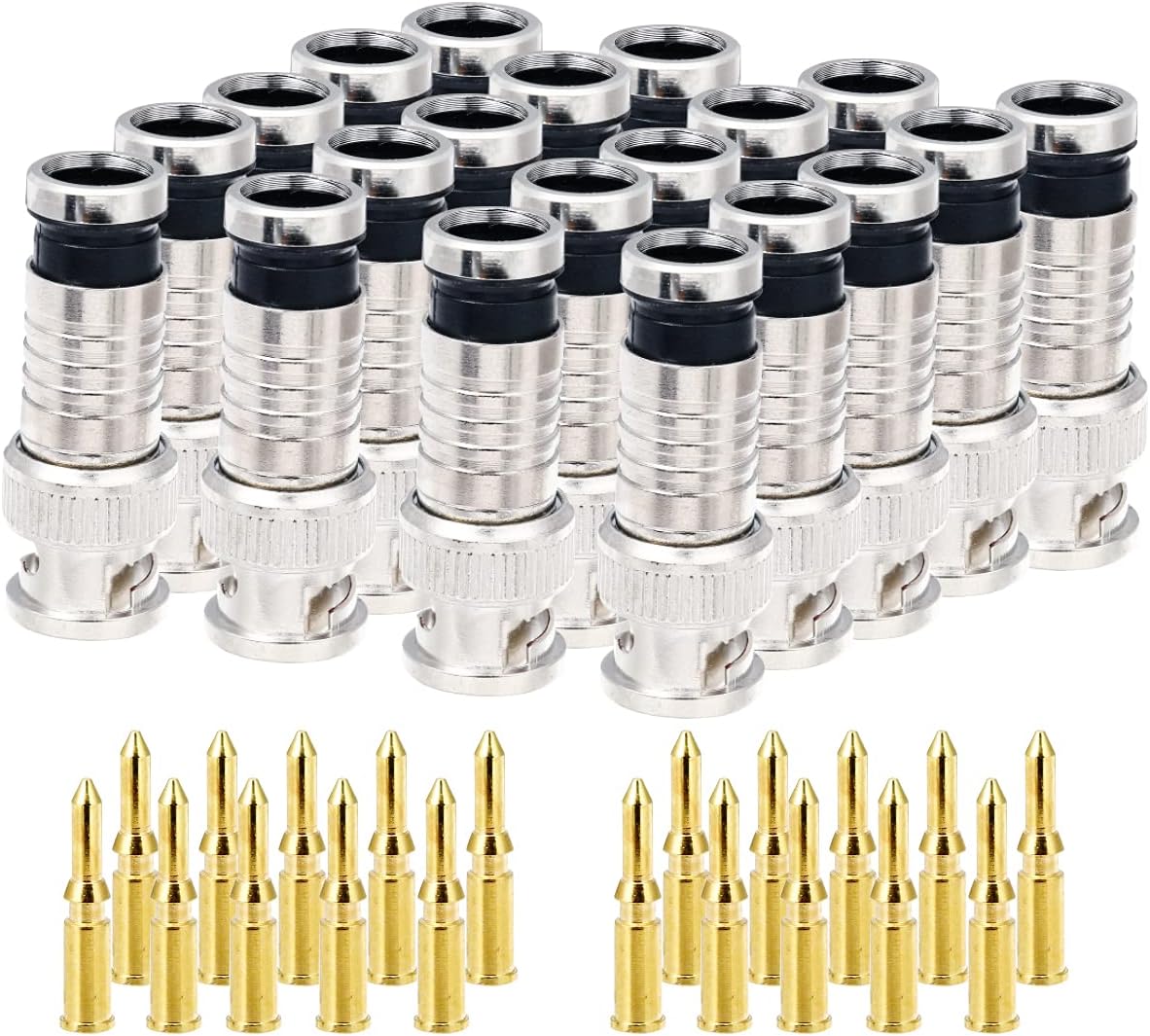 VFLTOOL 20PCS BNC Compression Connector 75 Ohm Coupler with Copper Pin for RG58-59 Crimper Video Plug Extension Coaxial Siamese Cable Crimper Adapter Male CCTV Home Security Camera Antena System