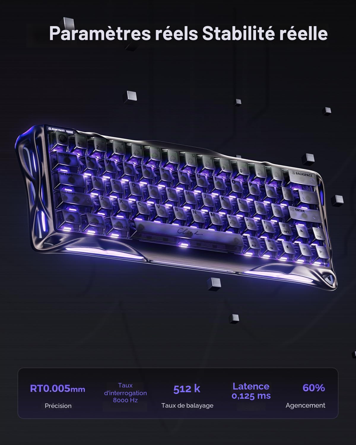 GravaStar Mercury V60 Pro Clavier Gaming 60% Effet Hall, Switchs Magnétiques, RT 0,005mm, 8K Polling Rate, Rapid Trigger, Châssis Aluminium CNC, Latence 0,125ms, Pilote Web, RGB (Gunmetal Smoke)