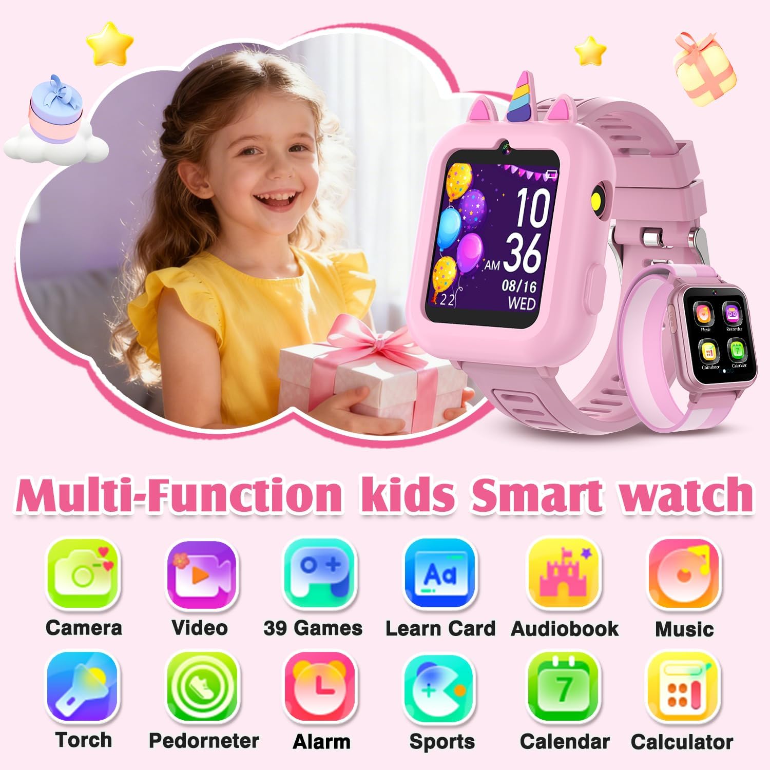 Smart Watch for Kids with 39 Games,Camera,Video,Music Player,Recorder,Alarm,Pedometer,Flashlight,Stopwatch,HD Touch Screen,Borthday Gift Toy for Girls Ages 3-12(Pink)