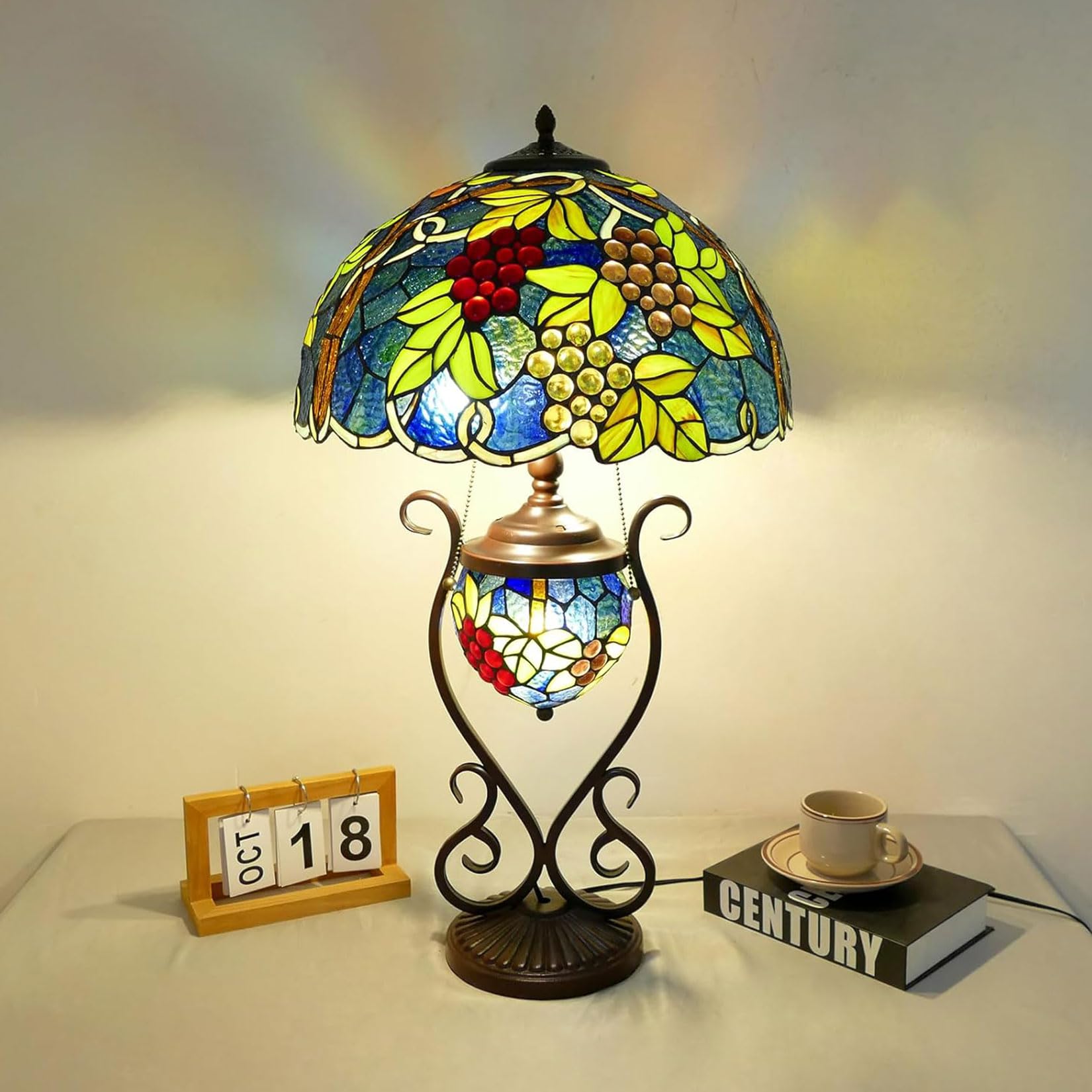 Klosz do lampy Tiffany w stylu winogronowym, ręcznie wykonany, witrażowy, 16-calowy, szeroki, lampa stołowa w stylu vintage, zamiennik klosza do lampy podłogowej, do sypialni,，