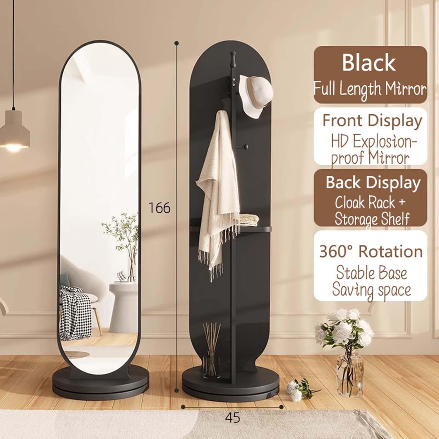 Floor-Standing Solid Wood Rotating Coat Rack，Modern 2 in 1 Wood Floor Mirror and Coat Rack with Hooks and Storage Shelf 360° Rotating Full Length Mirror for Living Room Bedroom (White)