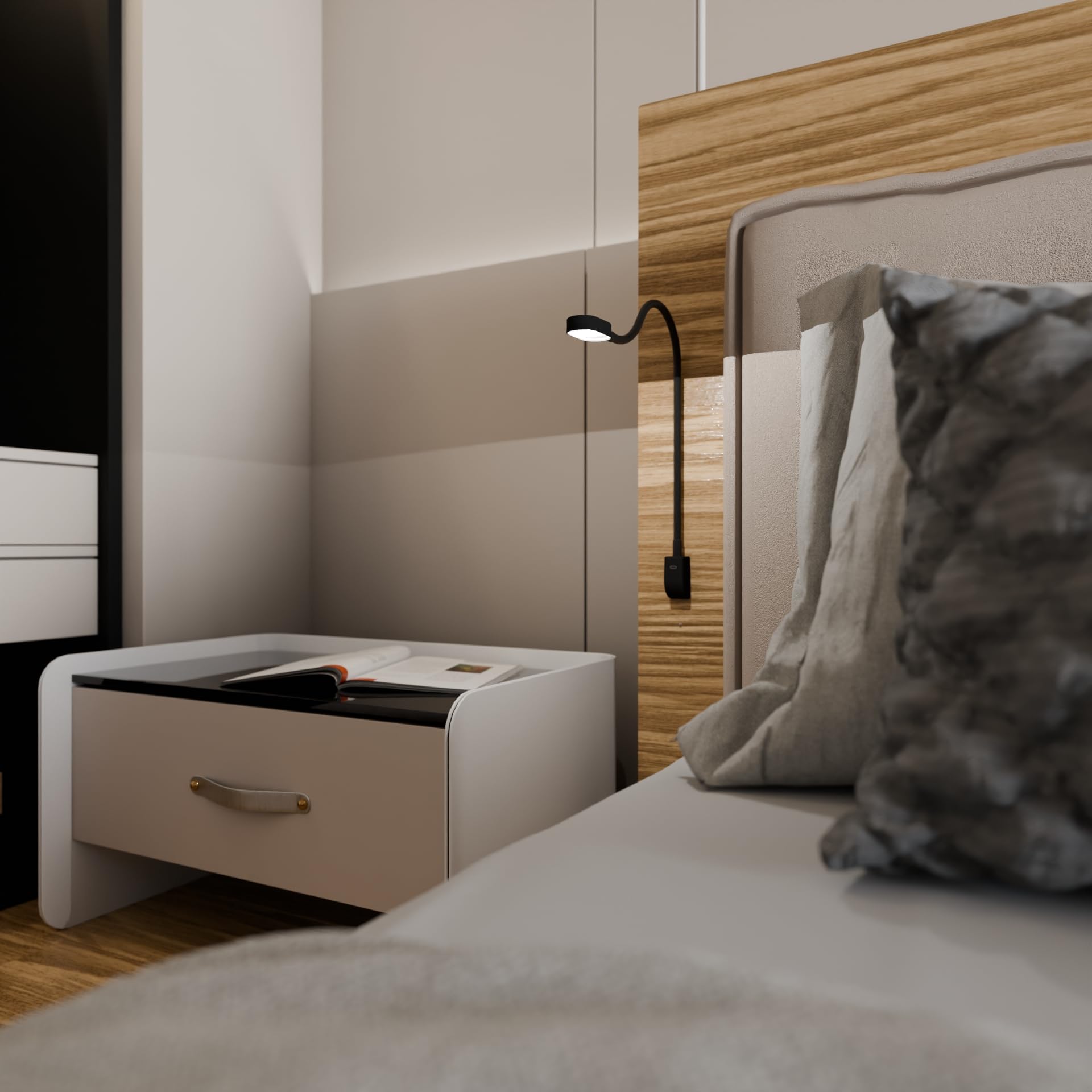 Kalb I Ilios LED lampe de lit/liseuse avec USB-C, montage mural et angulaire, bras flexible, intensité lumineuse variable (2 set noir)