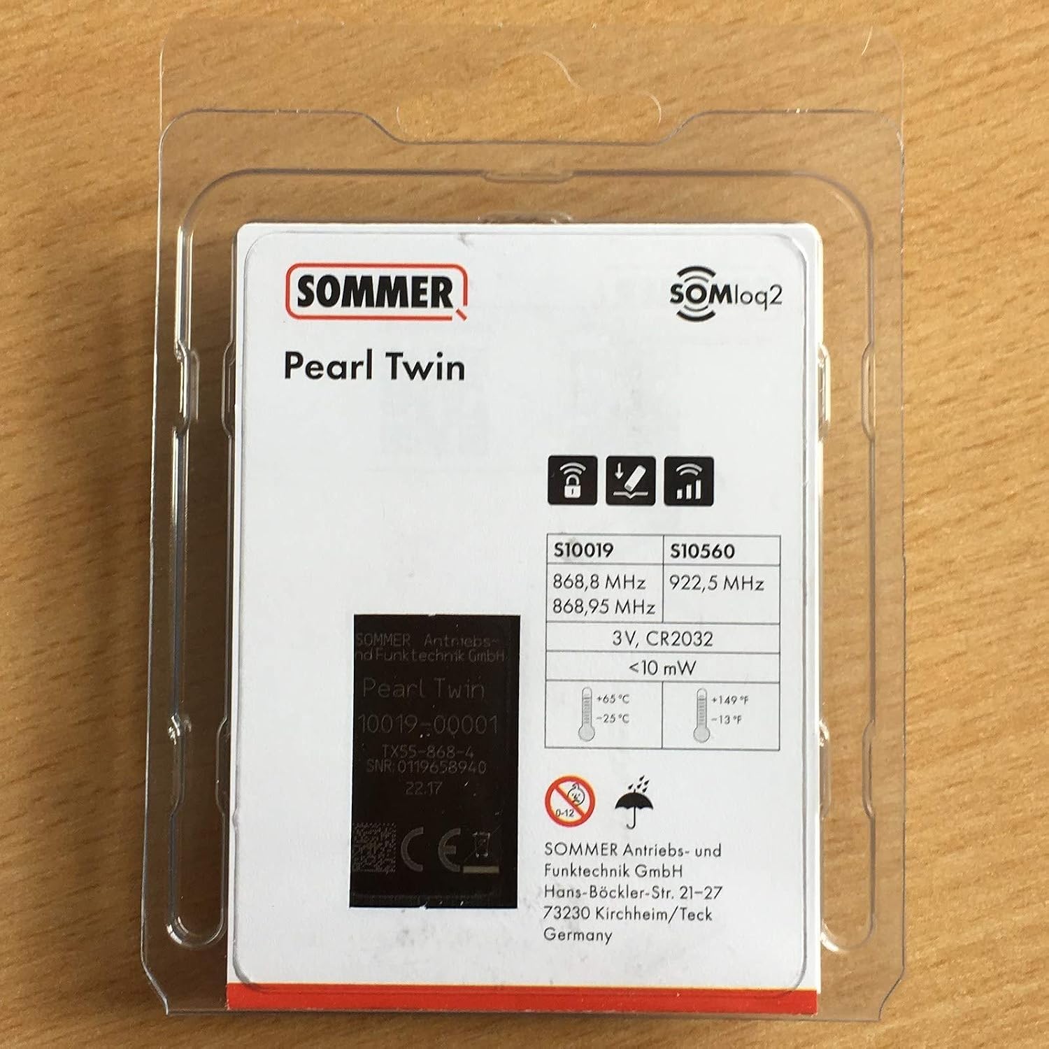 Back of SOMMER Pearl Twin S10019-00001 packaging with technical specifications