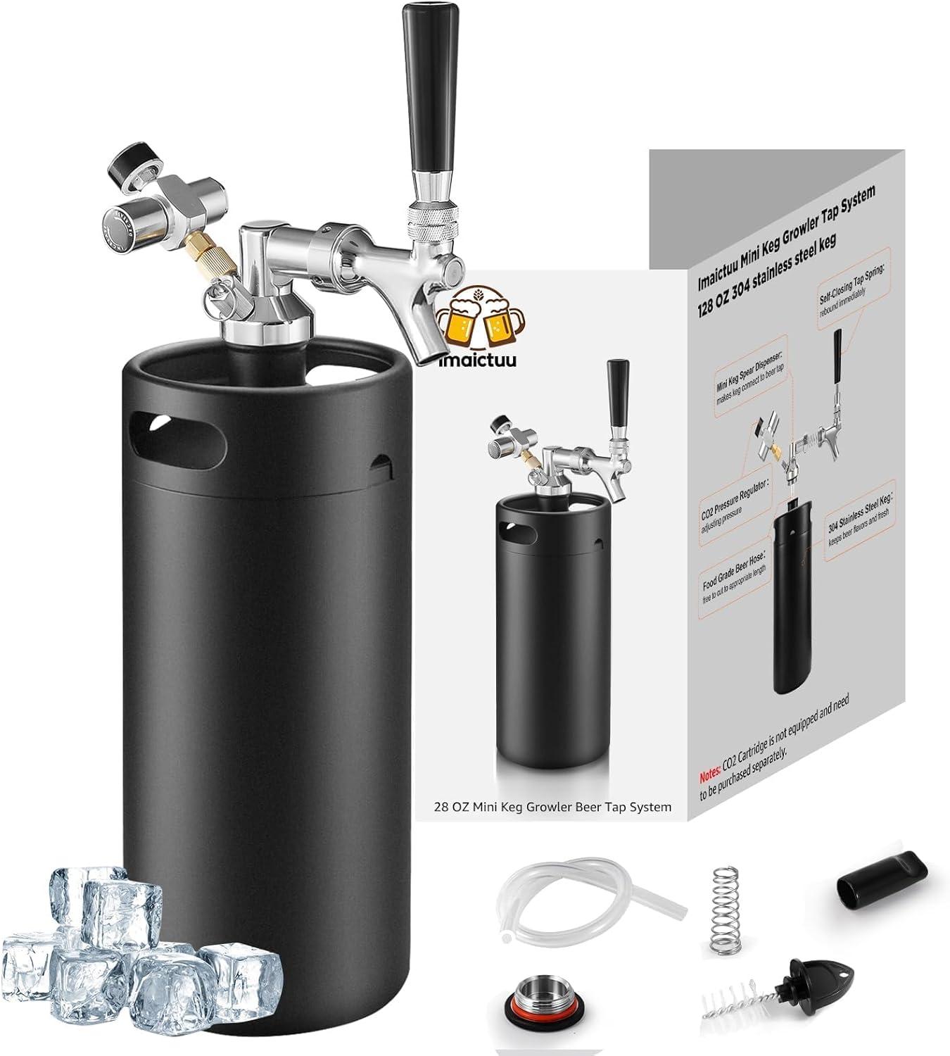 128 OZ Mini Keg Growler Beer Tap System,Stainless Steel Portable Keg with Self-Closing Spring Faucet and 0-60 PSI Keg Regulator,Beer Dispenser System for Draft Beer (Matte Black)