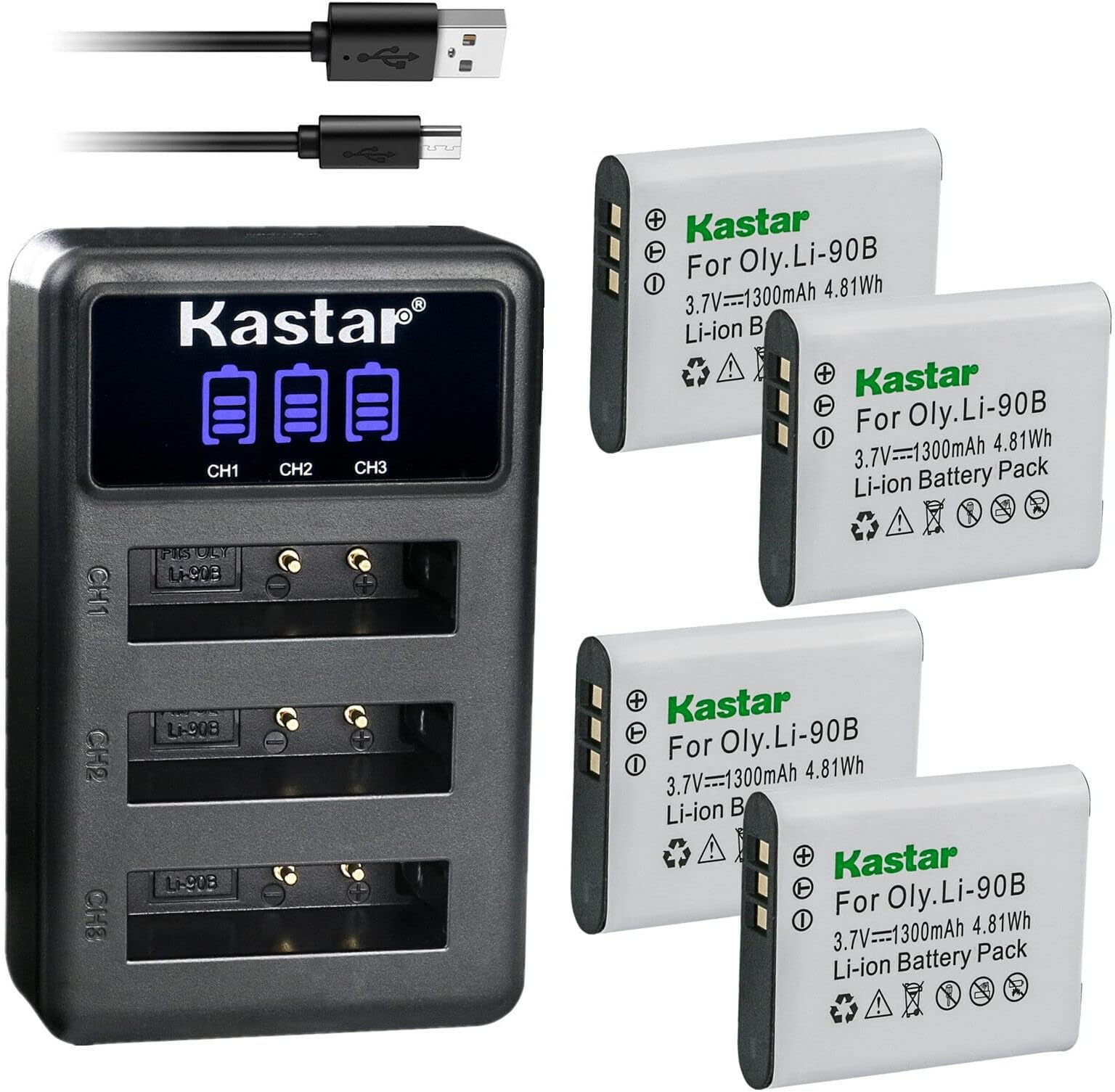 Kastar 4 Pack Battery and LCD Triple USB Charger Compatible with Ricoh DB-110 Battery, Ricoh GR III Digital Camera, Ricoh WG-6 Digital Camera, Ricoh G900 Digital Camera