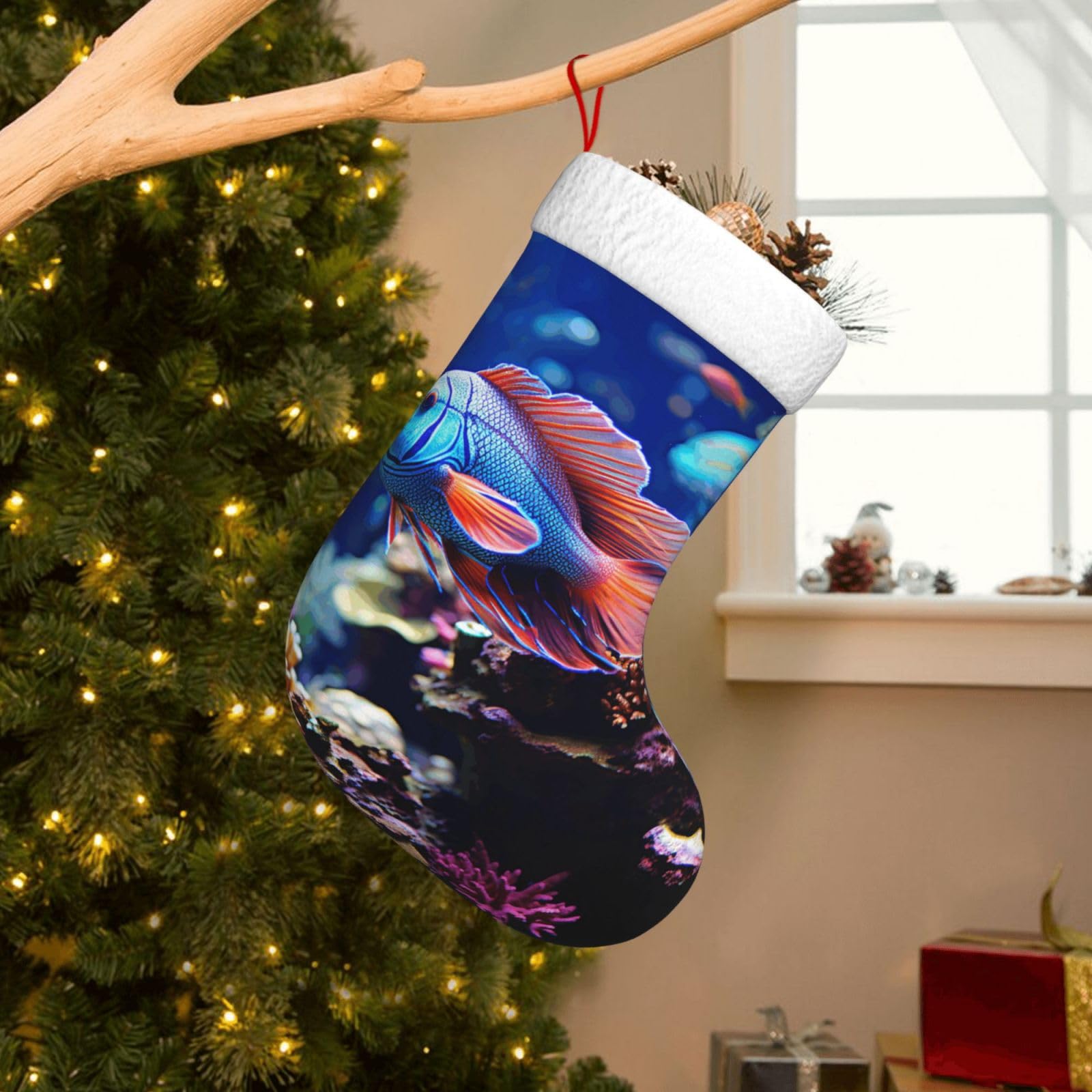 Velvet Christmas Stockings 17.7 Inch, Coral Reef Fish Aquarium Xmas Stocking with Soft Cuff,Classic Personalized Christmas Tree Decoration for Family Holiday New Year Party Supplies
