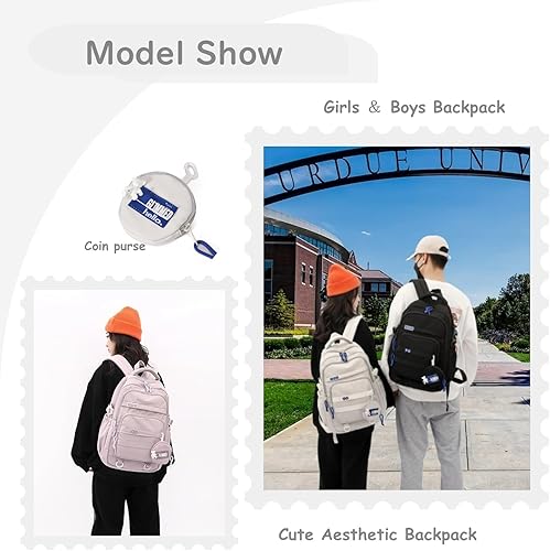 Vista 6 de Bonita mochila estética para niñas, estudiantes de secundaria, mochila para adolescentes, color sólido, ligera, mochila escolar informal con bolsa