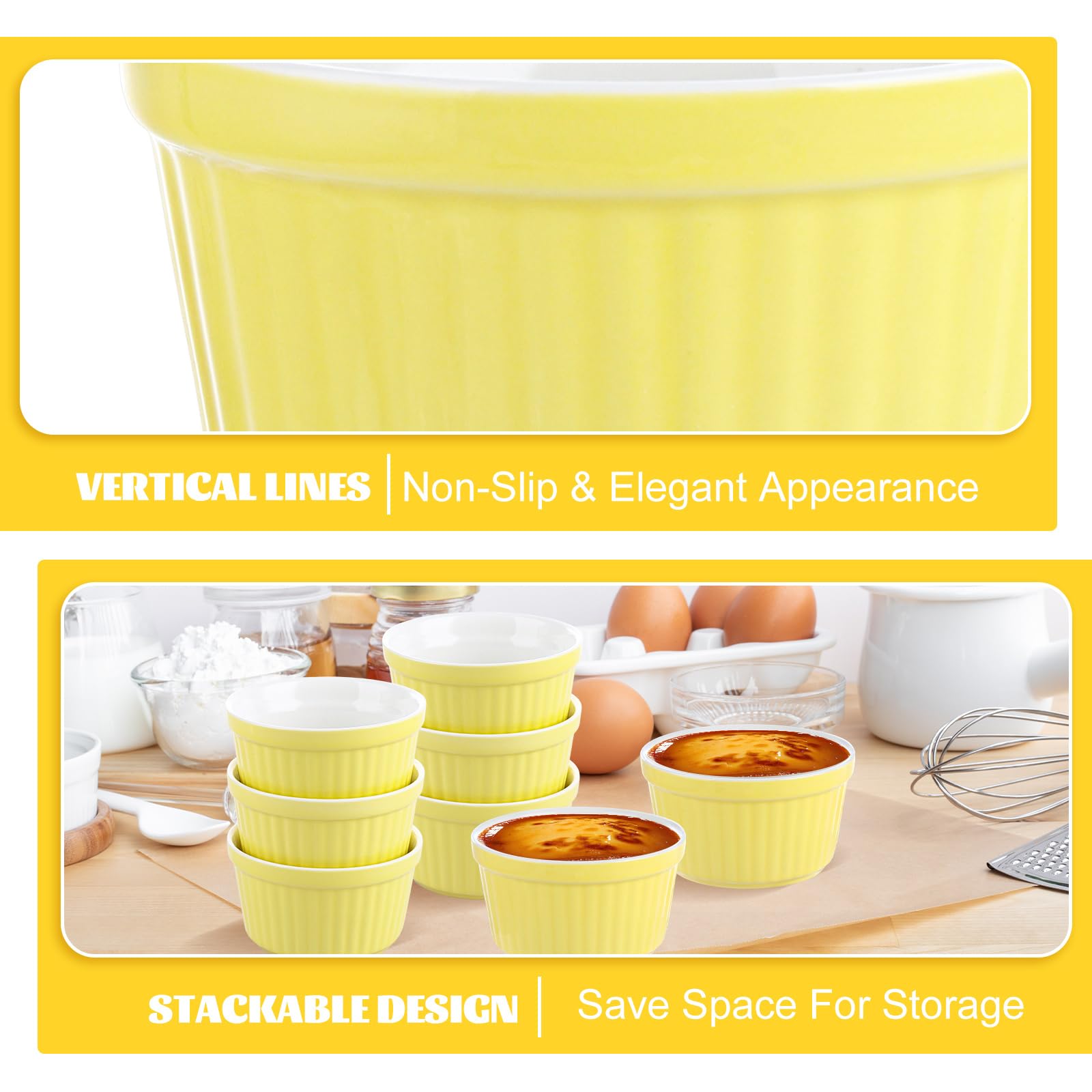 Lot de 12 ramequins en porcelaine jaune à rayures pour soufflé, confitures, cupcakes, crème pâtissière, pudding, muffins, crème glacée – 9 x 5 cm