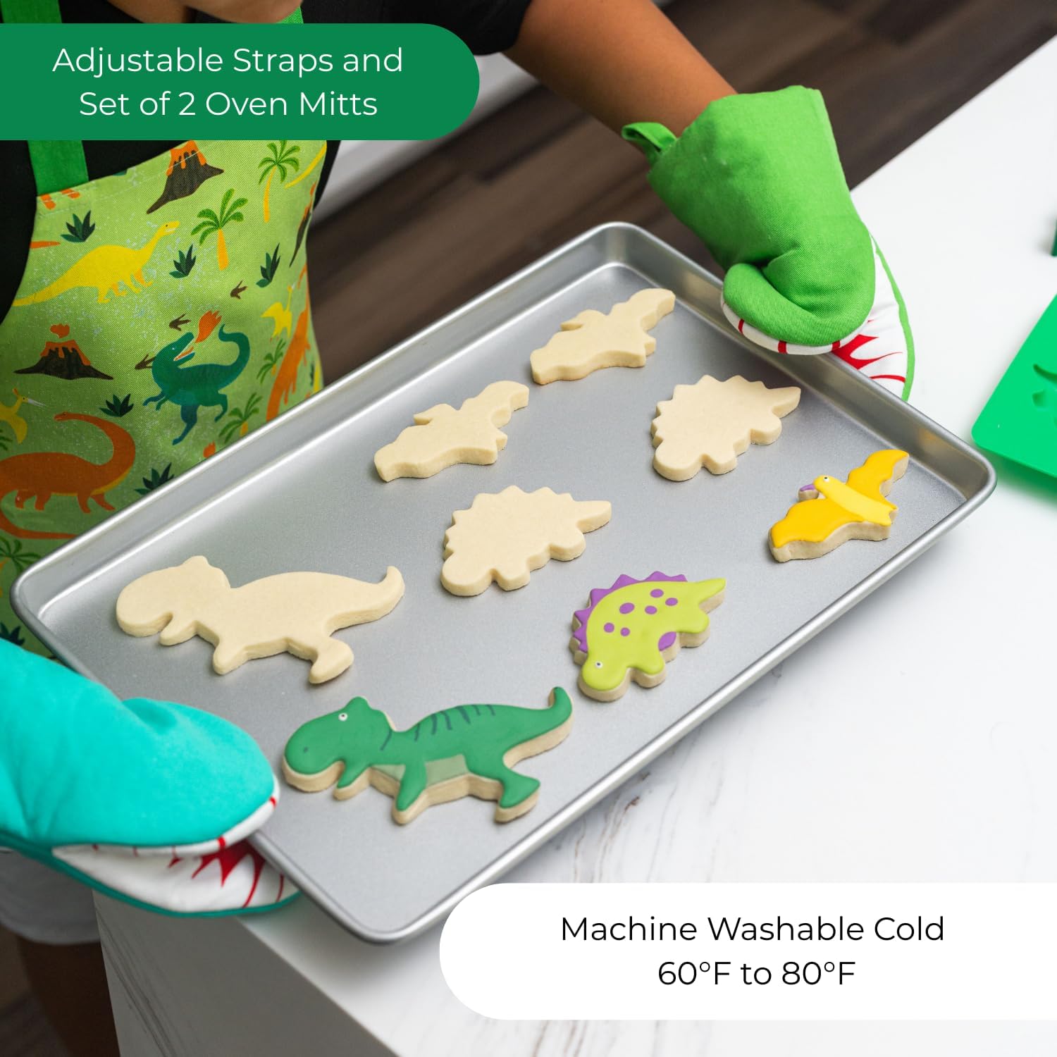 Handstand Kitchen Child's 100% Cotton Bold Print Apron and Oven Mitt Pair - Dinosaur Party