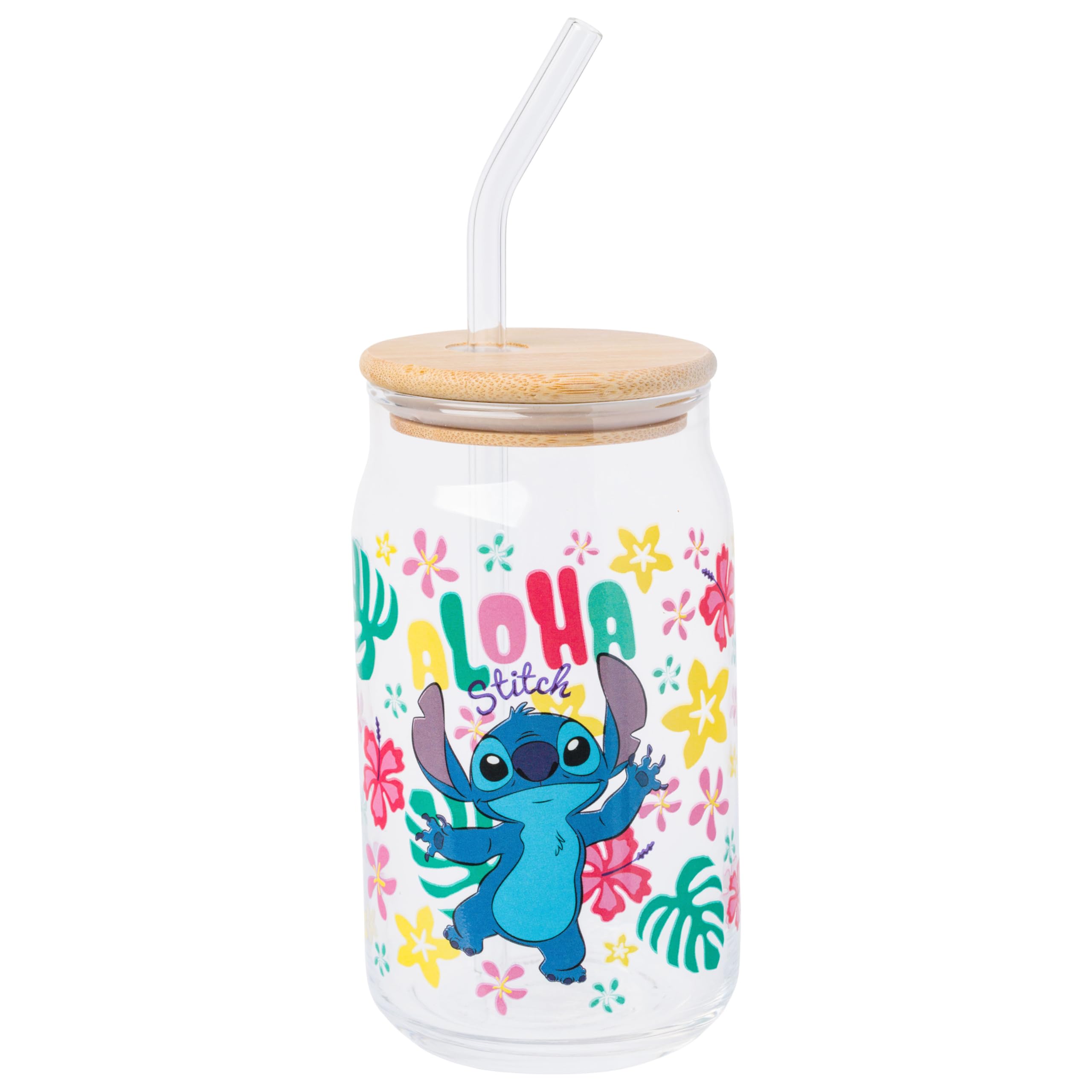 Silver Buffalo Disney Lilo and Stitch “Aloha” Tropical Hawaiian Glass Jar Tumbler with Bamboo Lid and Glass Straw, 16 Ounces