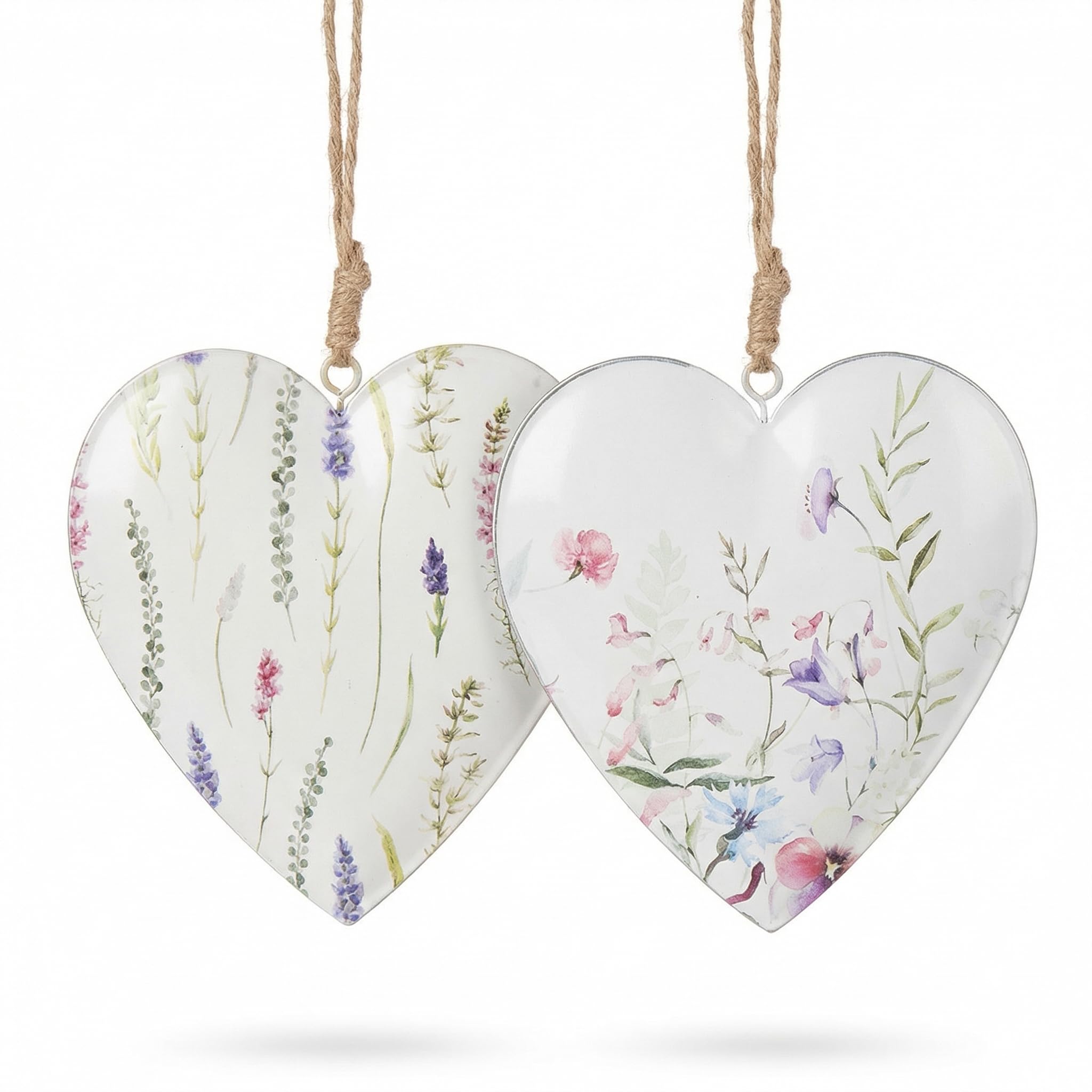 Metallherz Hängedeko, 2er-Set Herzen aus Metall mit floralen Pastellmotiven, Weiß/Rosa/Lila/Grün, ca. 11 x 11,5 cm, inklusive Jutekordel, romantische Frühlingsdeko für Fenster, Zweige & Türgriffe