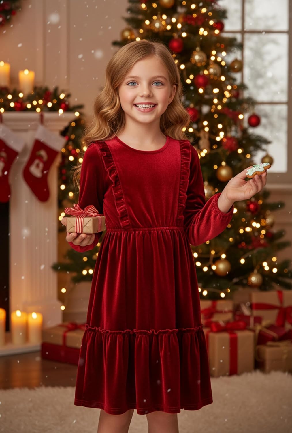Arshiner Girls Dress Long Sleeve Ruffled Hem Casual Velvet Dress with Pockets 5-14 Years - Image 5