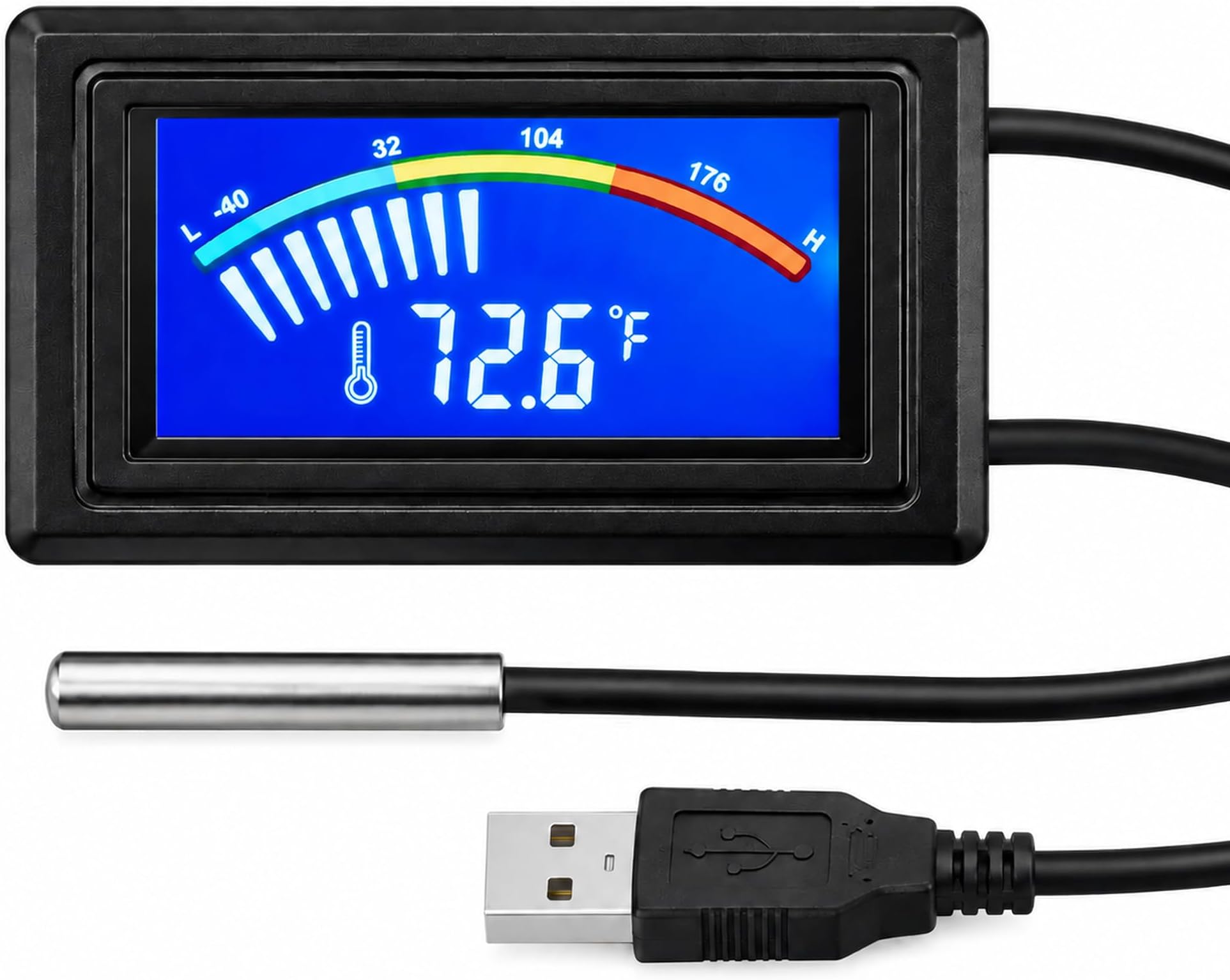 Digital Thermometer, Temperature Sensor USB Power Supply, Fahrenheit degree and Degrees Celsius color LCD Display, High Accurate-Black