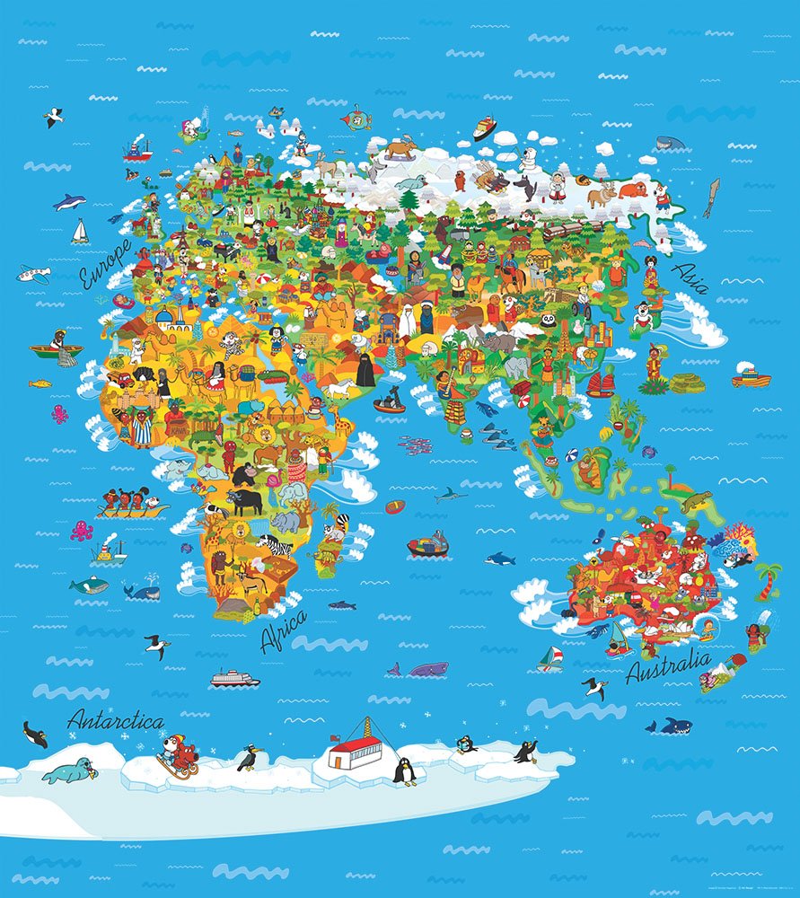 Sanders & Sanders fototapeta mapa świata dla dzieci niebieskim,zielonymIżółtym 252 x 182 cm