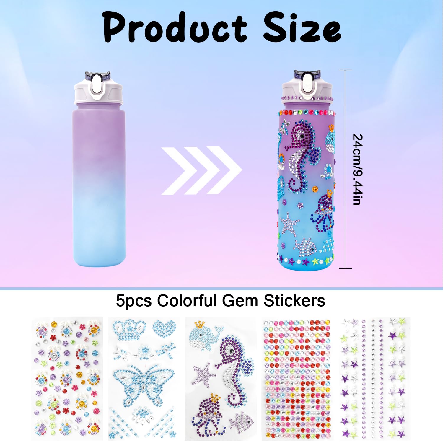 Decorate Your Own Water Bottle Kit for Girls 4-12 Girls Water Bottle Gem Stickers DIY Arts and Crafts Kits Supplies 5 6 7 8 9 10 Year Old Girl Easter Birthday Gifts Easter Basket Stuffers Purple