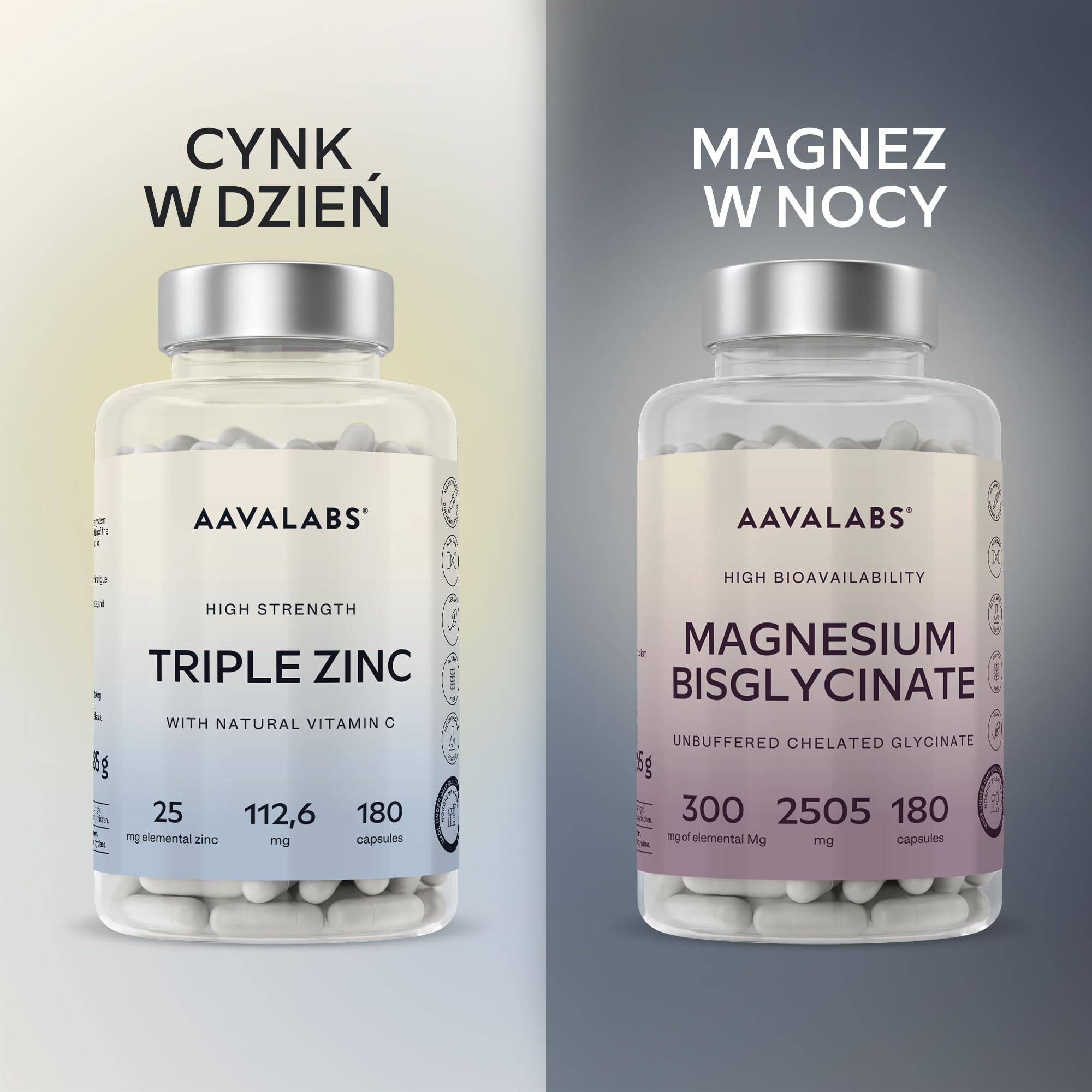 AAVALABS® Potrójny Cynk - Maksymalna Moc - 25 mg na Porcję - Kompleks Cynku - 180 Kapsułek - 3 Formy Minerału - Pikolinian Cynku, Bisglicynian Cynku + Monometionina Cynku