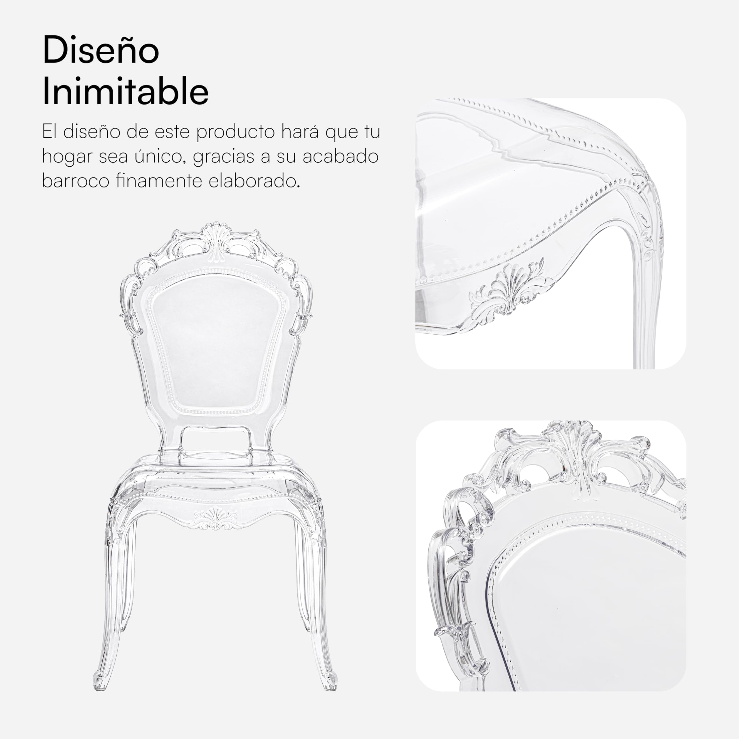Baroni Home Juego de 4 Sillas Barrocas de Policarbonato Transparente, Asiento Impermeable y Apilable de Diseño Elegante para Salón, Comedor, Dormitorio, 53x53x100 cm