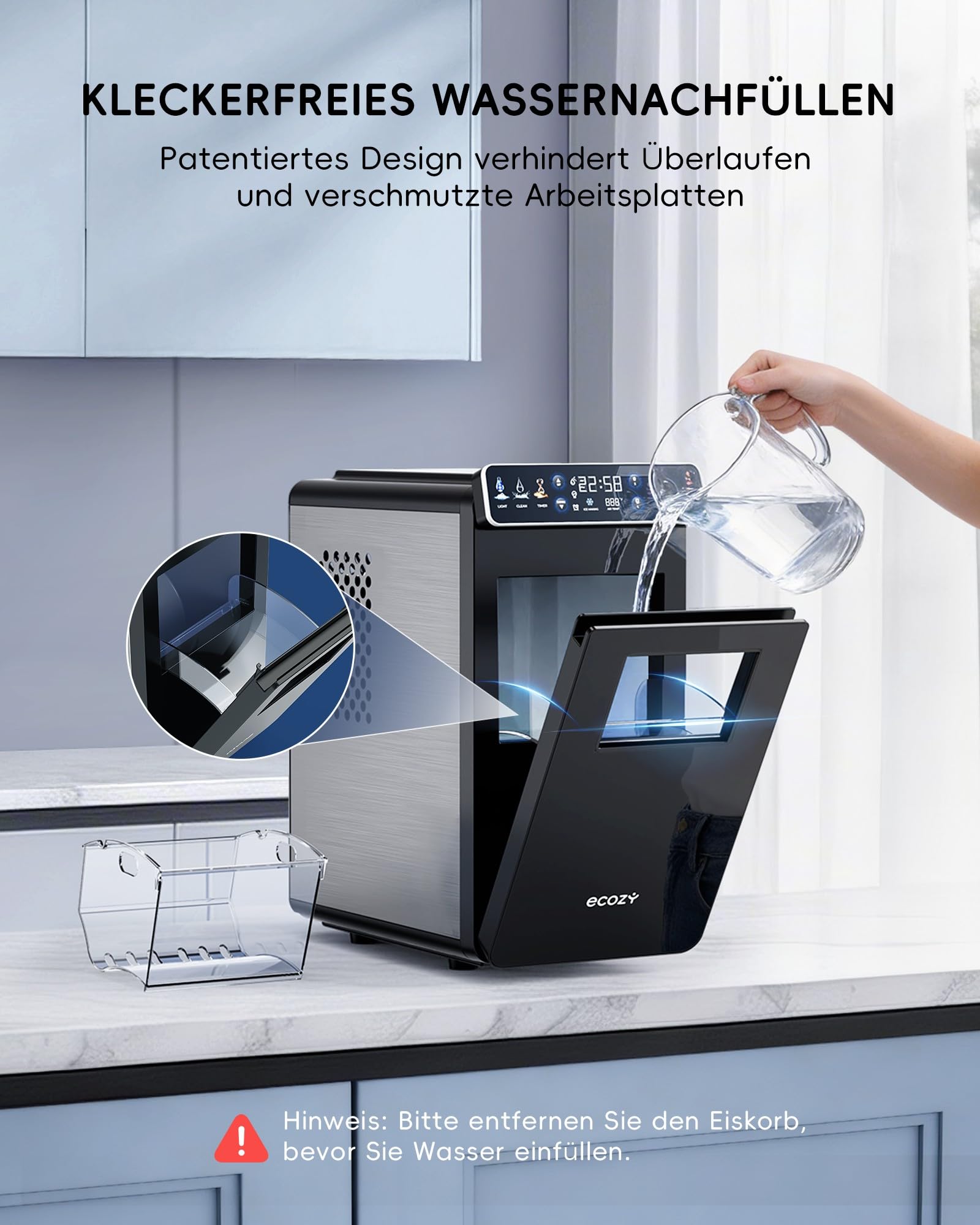 ecozy Eiswürfelmaschine Klein, Tragbar und Kompakt mit Farbdisplay, 24-Stunden-Timer, 12 KG/24H, Eiswürfel in 6 Minuten, 2 Eiswürfelgrößen, Selbstreinigende Ice Maker, Ideal für Küche, Büro, Partys