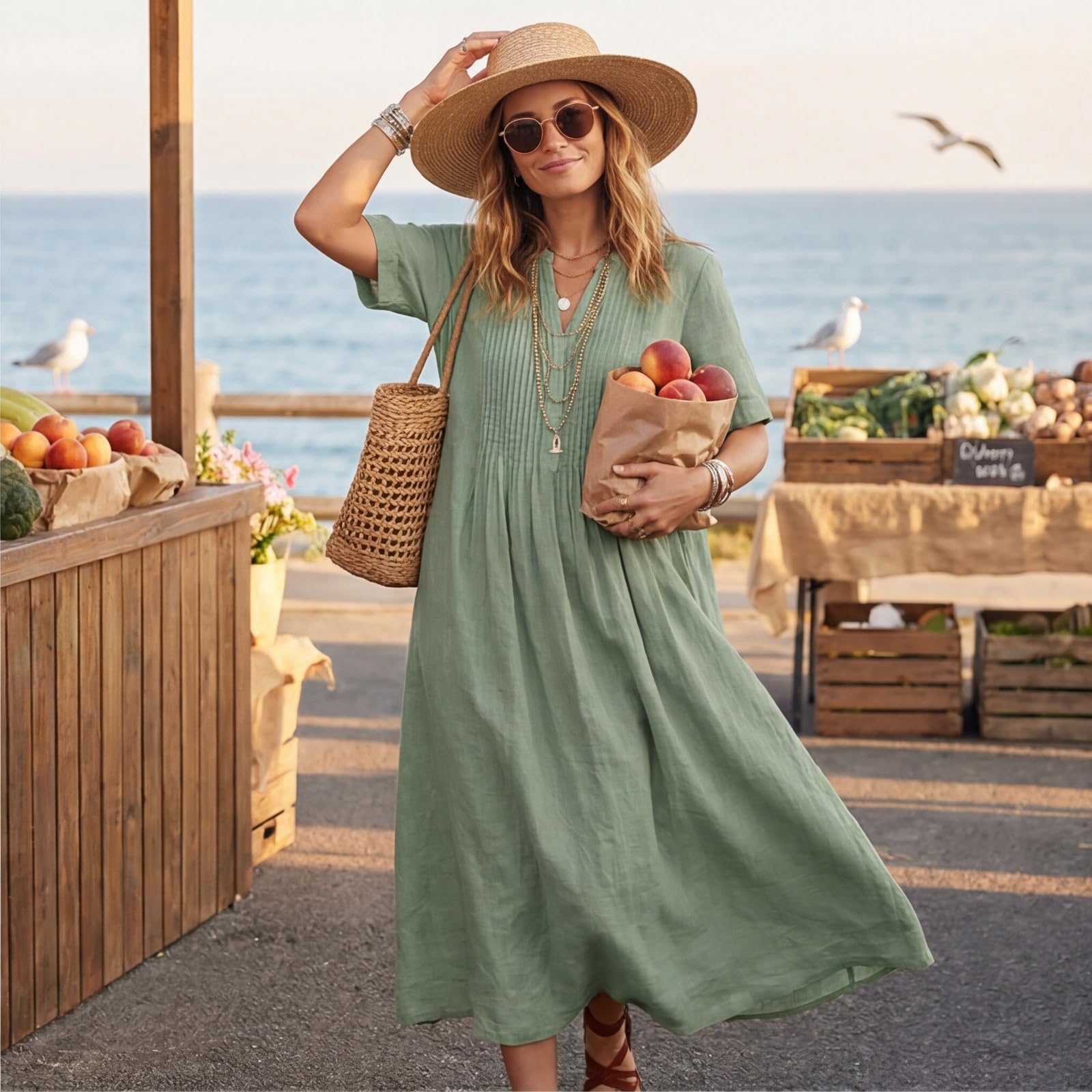Maxikleider Damen Sommer mit Ärmel Sommerkleid Lang Elegant Plissee Kleid Kurzarm V Ausschnitt Kleider Baumwolle Leinen Sommerkleider Leicht Und Luftig A Linie Damenkleider mit Taschen Casual