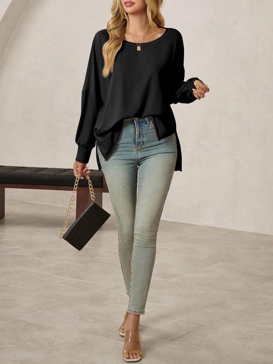 Tankaneo Womens Oversized Off The Shoulder Tops Long Sleeve Trendy Casual T-Shirts Side Slit Loose Fit Tunic Shirts - Image 4