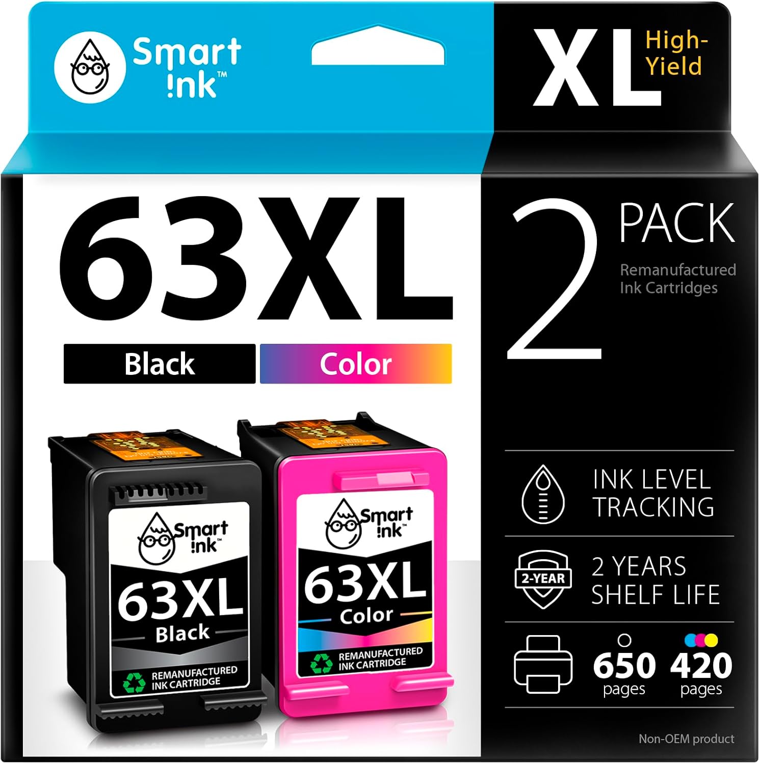 Smart Ink Remanufactured Ink Cartridges Replacement for HP 63 XL HP 63XL Black and Color 2 Combo Pack for Officejet 3830 4650 5255 5258 5200 4652 4655 Deskjet 3630 3632 1112 2132 Envy 4520 4512 3637