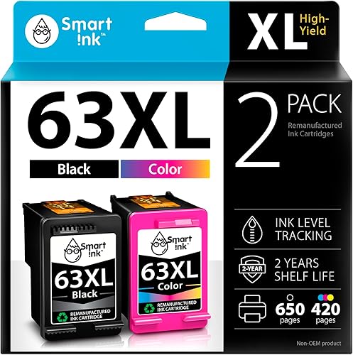 Smart Ink Remanufactured Ink Cartridges Replacement for HP 63 XL HP 63XL Black and Color 2 Combo Pack for Officejet 3830 4650 5255 5258 5200 4652