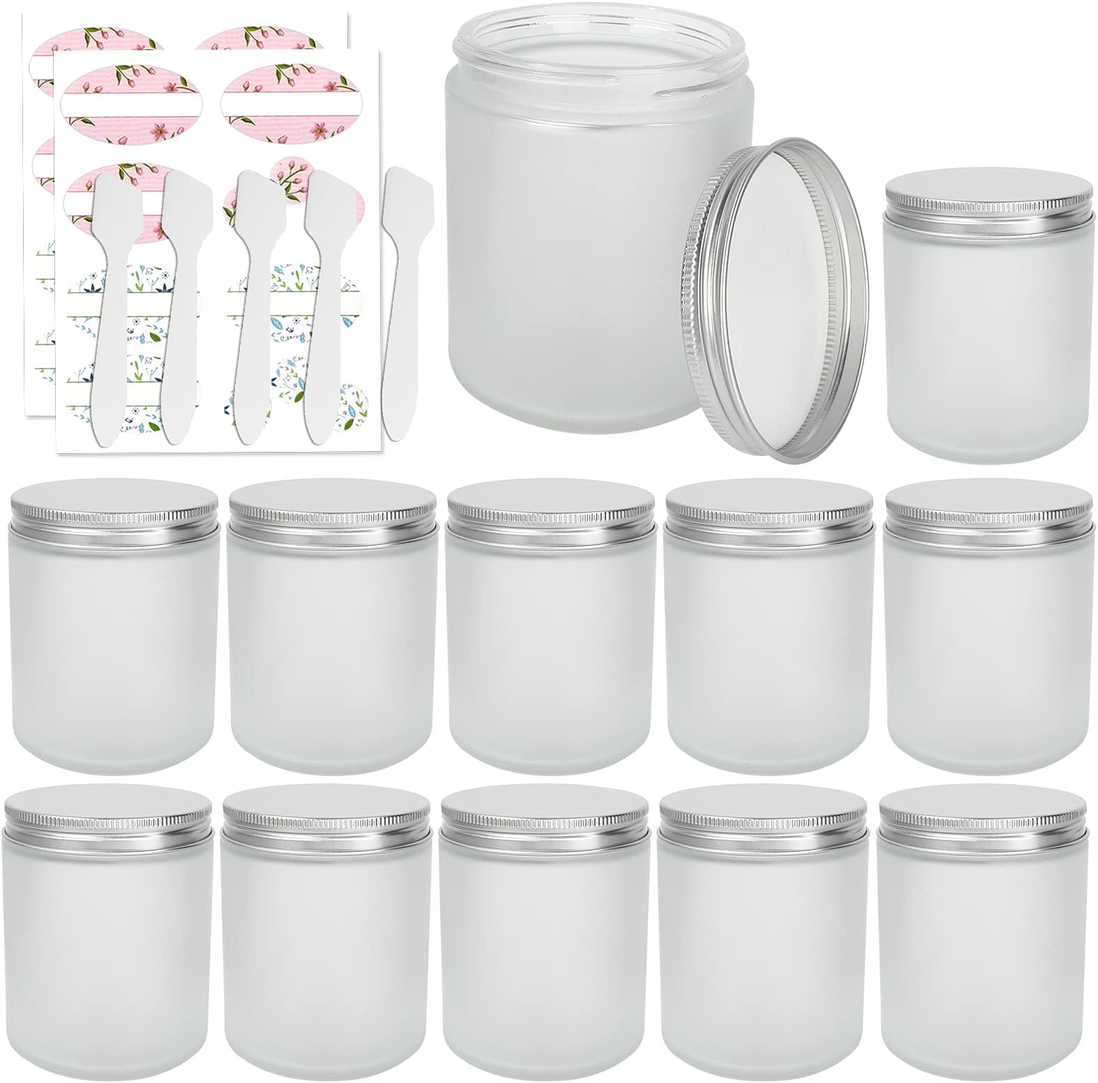 12 Pack 8 oz Round Frosted Glass Jars with Silver Metal Lids, 240ml Matte Clear Empty Candle Jars Cosmetic Jars Food Storage Containers, Canning Jars For Spice,Powder,Liquid,Sample,Face Cream Lotion