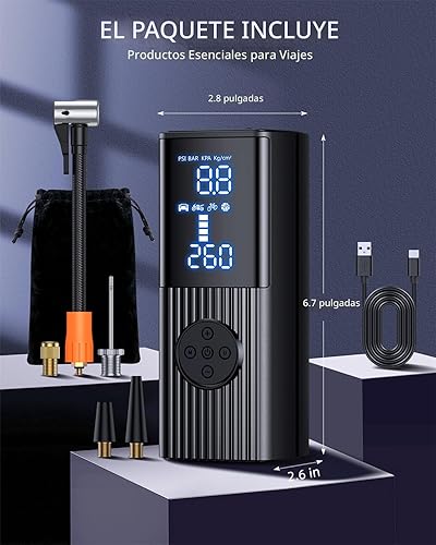 Miniatura 8 de Inflador de neumáticos, compresor de aire portátil, bomba de aire portátil de 180 PSI y 20000 mAh, pantalla LCD de presión precisa, inflado rápido 3