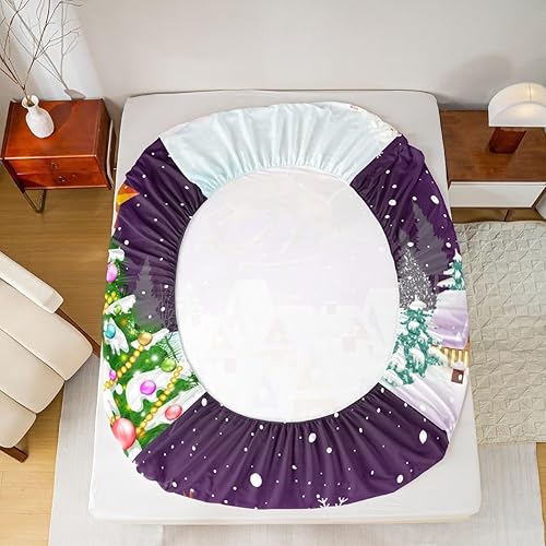Miniatura 7 de Manfei Sábana bajera ajustable de Navidad, tamaño individual, juego de ropa de cama de árbol de Navidad de muñeco de nieve, 2 piezas para decoración