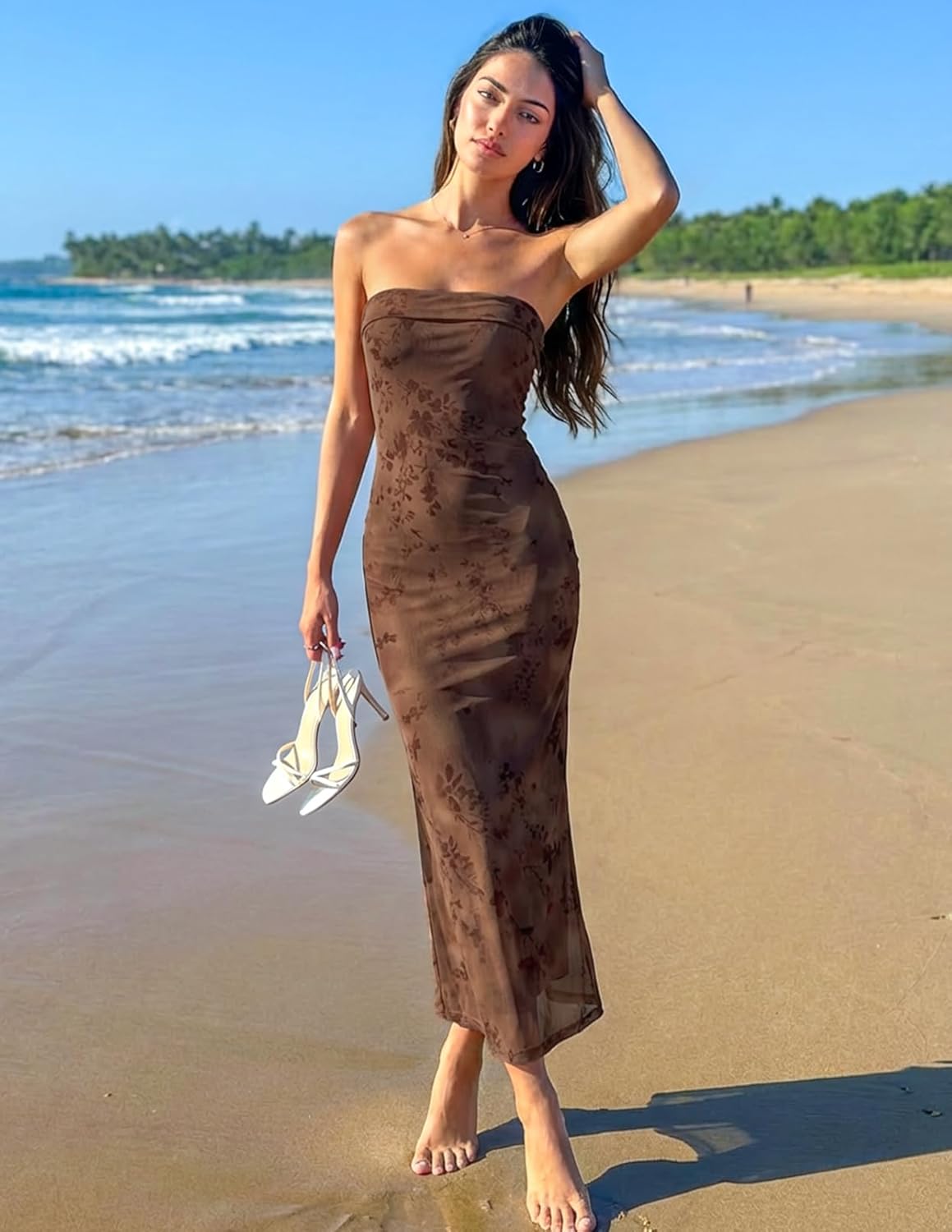 MEROKEETY Women's 2026 Summer Floral Strapless Dress Bodycon Tube Slit Mesh Wedding Guest Cocktail Party Maxi Dresses - Image 2