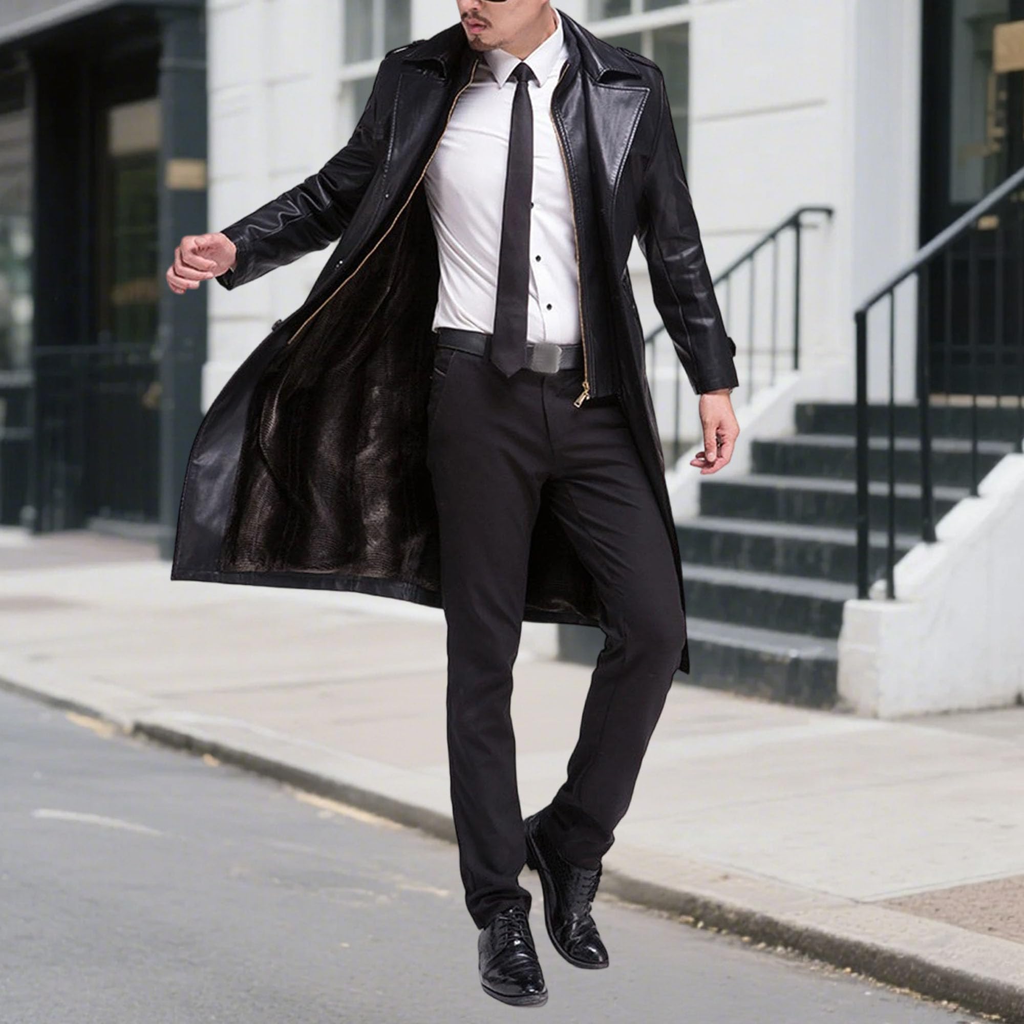 Trench long en similicuir pour homme avec double col moderne