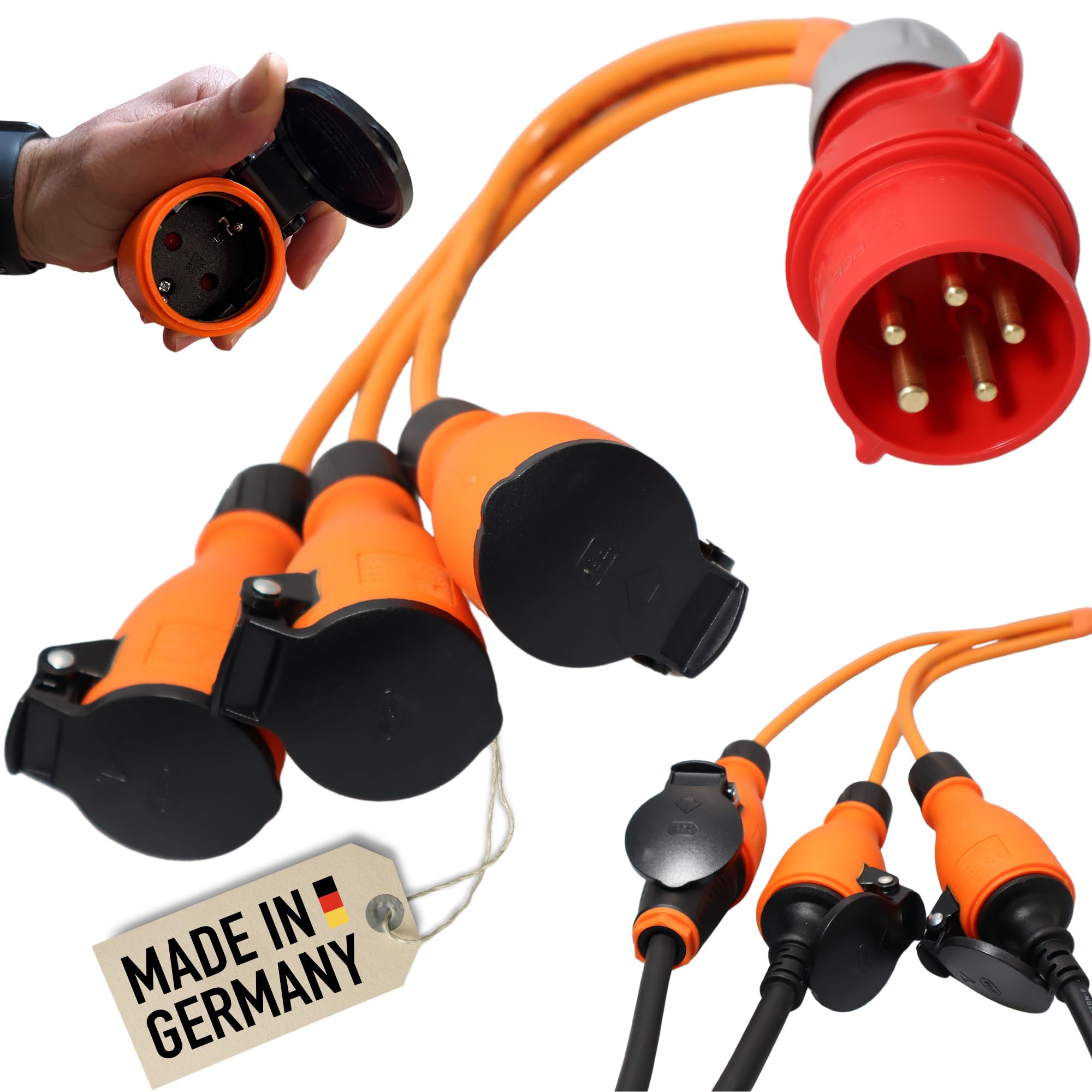 maxgo CEE Adapter 3X Schuko – 16A CEE Stecker auf 3X 230V Schuko | 400 V auf 230 V Schutzkontaktkupplungen, wetterfester Starkstromverteiler Made in Germany für Baustelle, Werkstatt, Garten