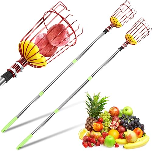 Gisafai Recolector de frutas de 8 pies con cesta telescópica de 26 a 104 pulgadas, recolector de frutas ajustable de acero inoxidable con cesta