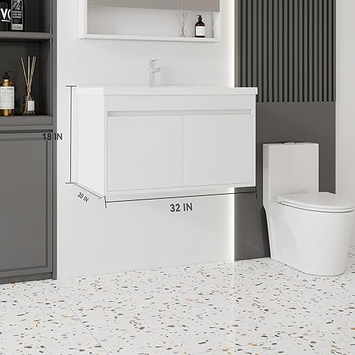 Miniatura 274 de Tocador de baño de 20 pulgadas con lavabo de cerámica, tocador de baño pequeño montado en la pared con puerta de cierre suave, gabinete flotante